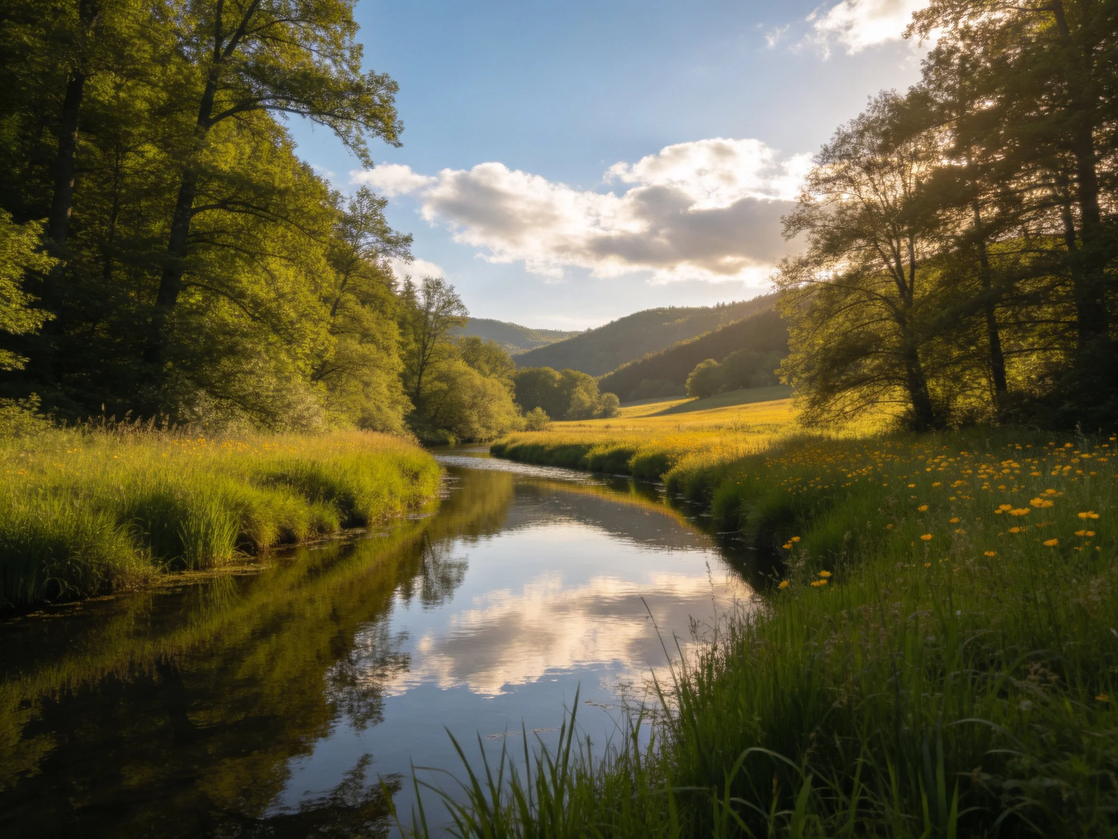 A tranquil river winds through lush green meadows and forested hills