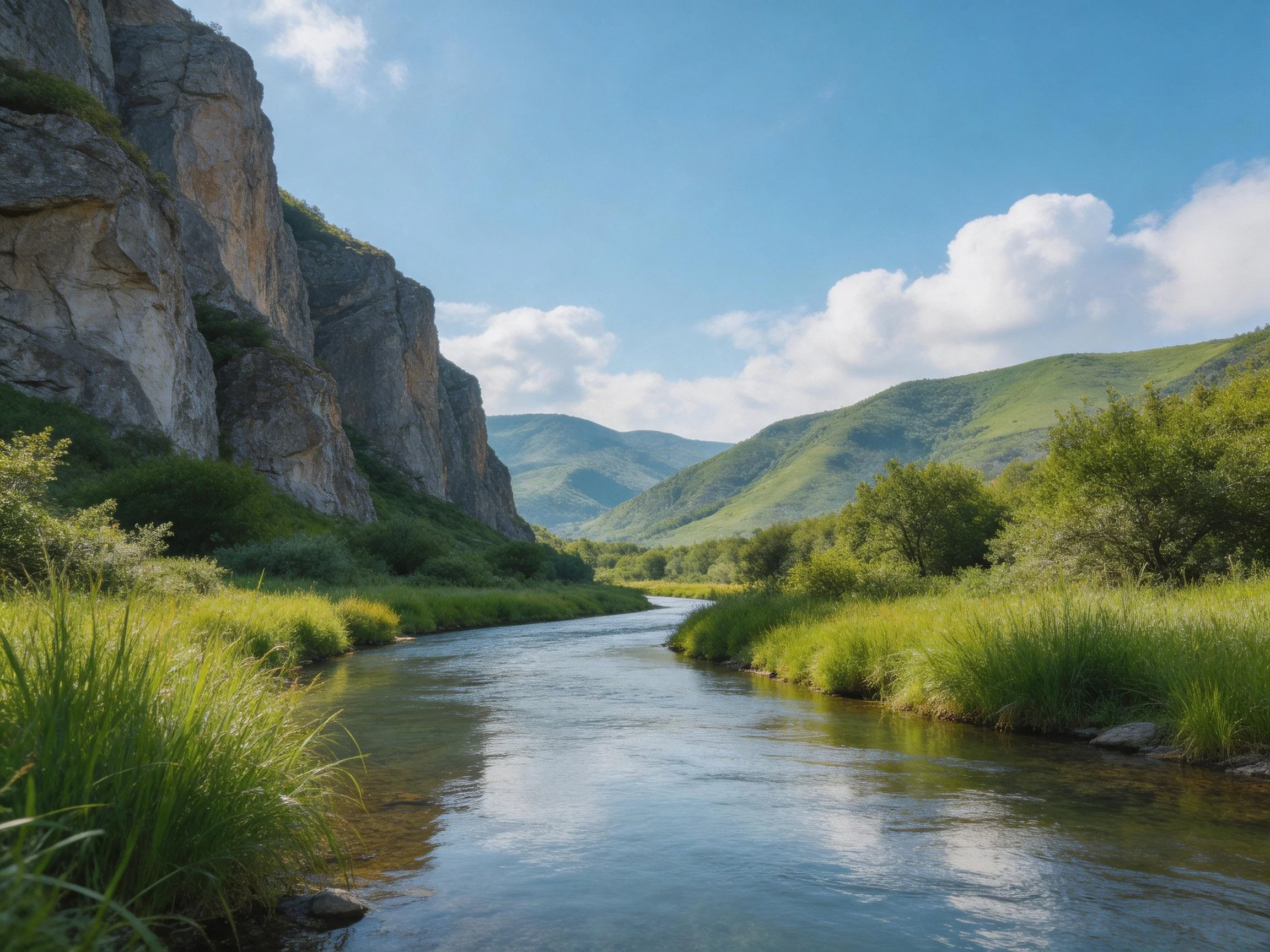 A tranquil river winds through rocky cliffs and green hills