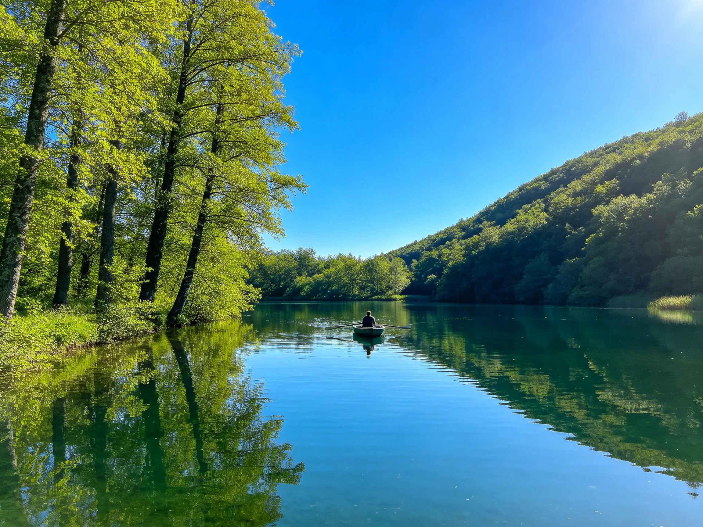 A tranquil river with a small boat, lush green trees, and clear blue sky.