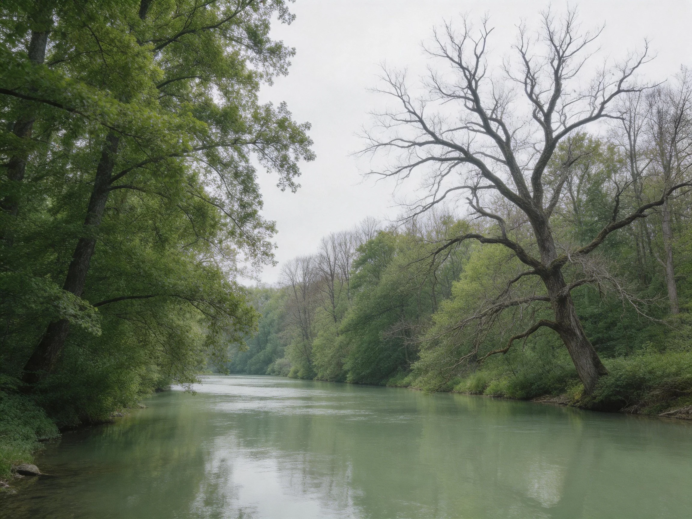 A tranquil river with green waters, flanked by dense greenery and a bare, gnarled tree