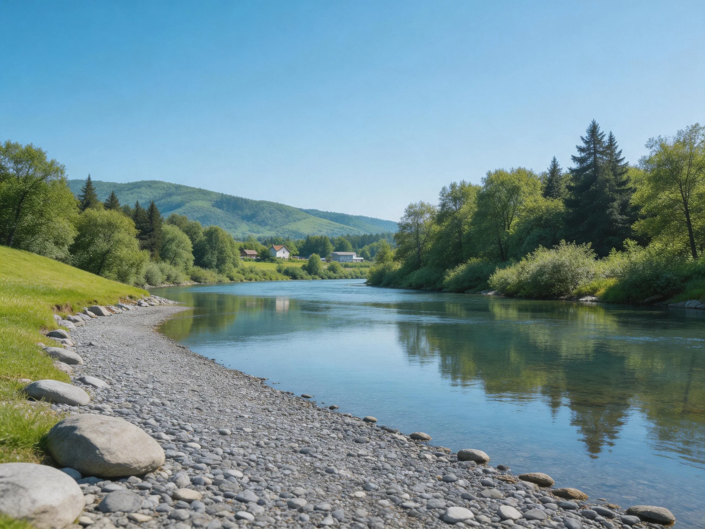 A tranquil river with rocky shore, lush greenery, and distant hills