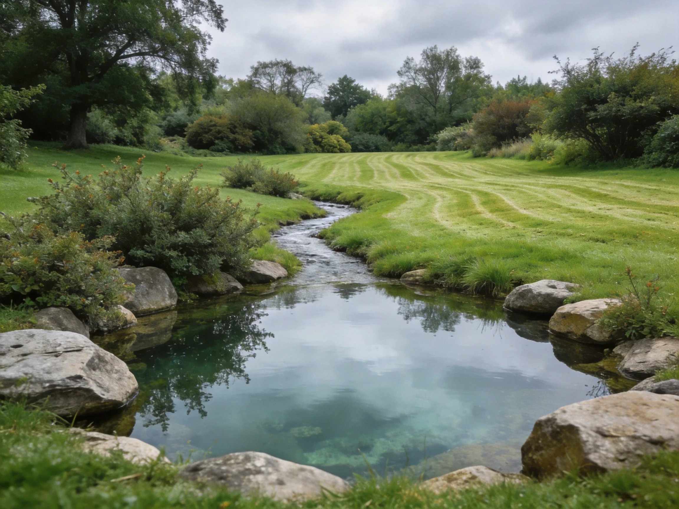 A tranquil stream with rocky borders and lush green fields