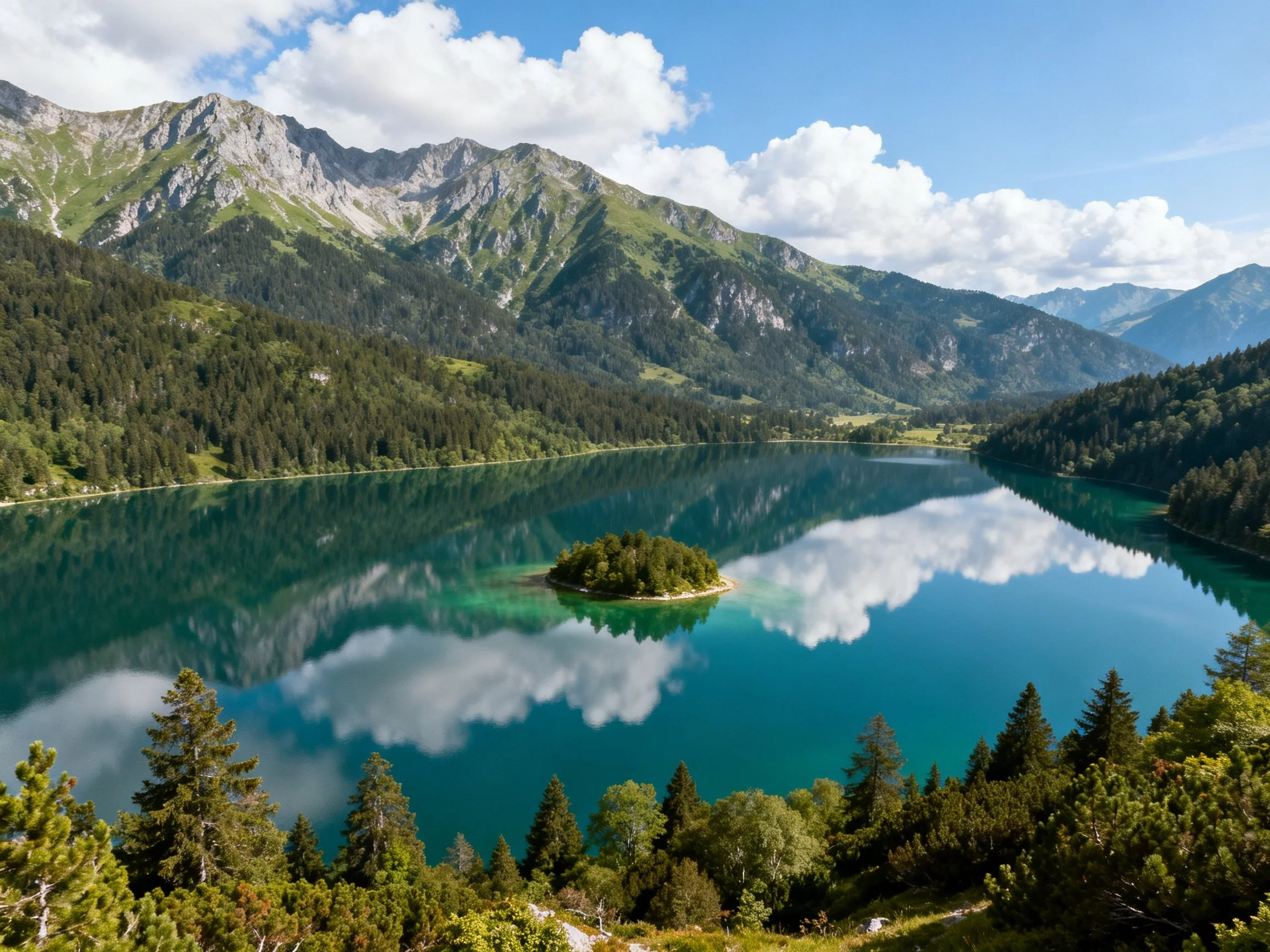 A tranquil turquoise lake reflects surrounding mountains and forests
