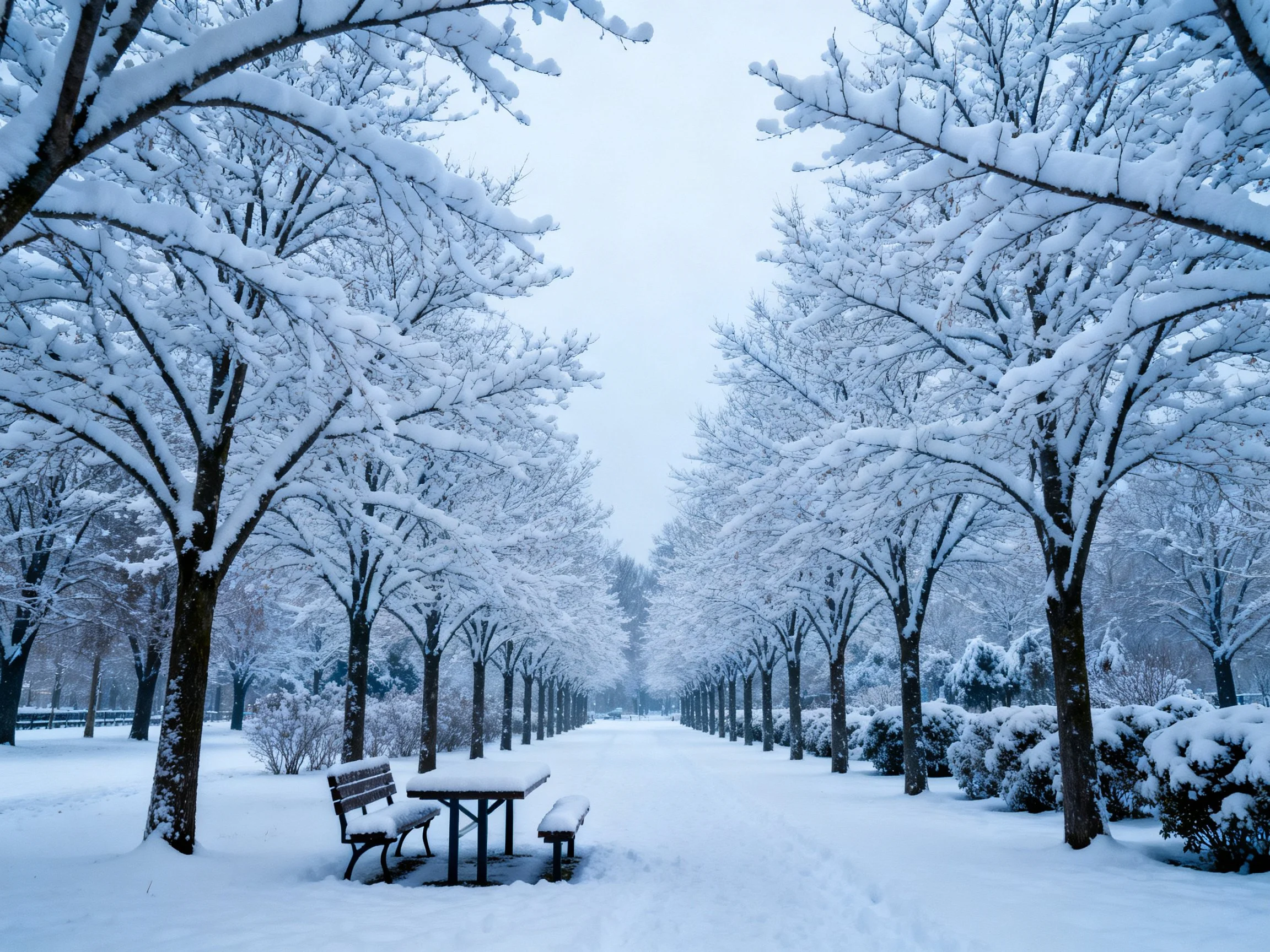 A tranquil winter park scene with snow-covered trees and wooden benches near a clear walkway