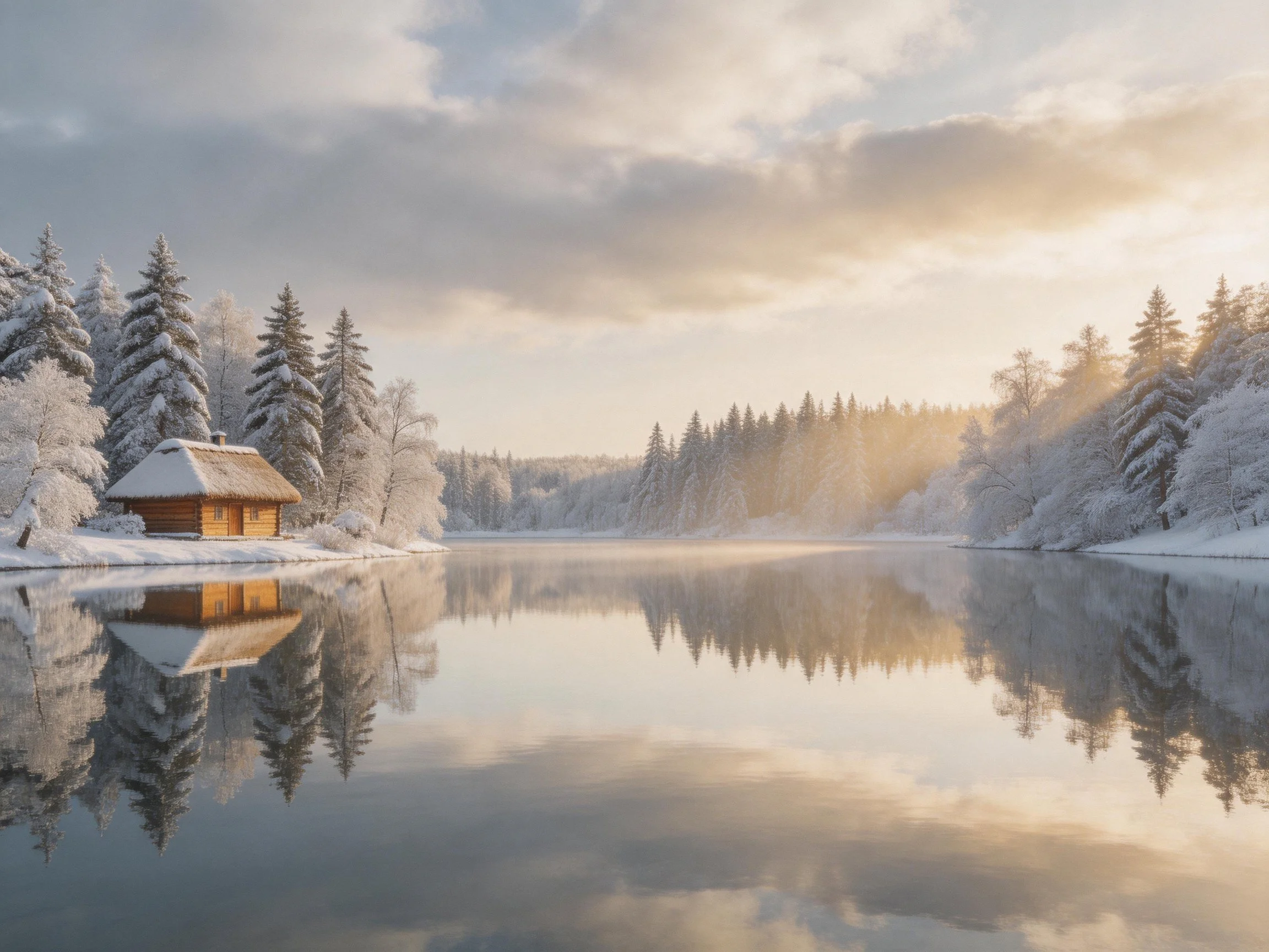 A tranquil winter scene with a wooden cabin by a snow - covered lake