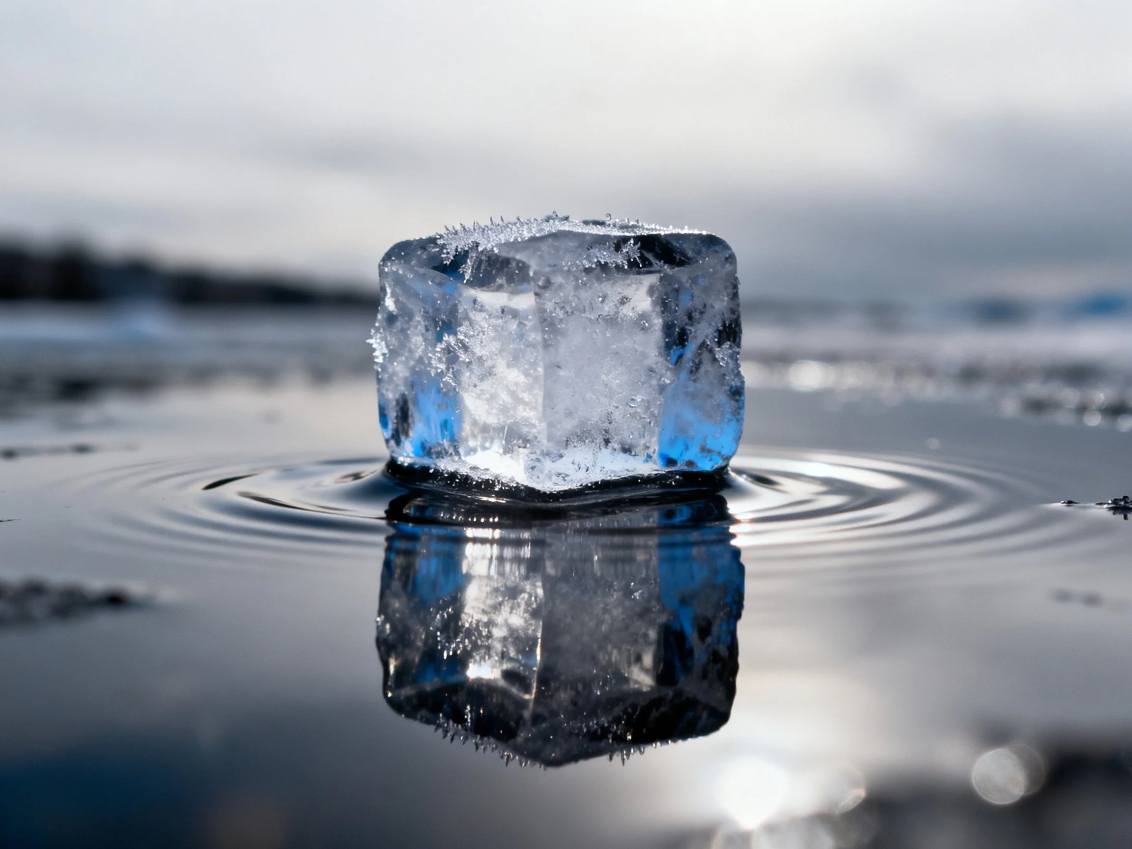 A translucent ice cube with blue accents on calm water