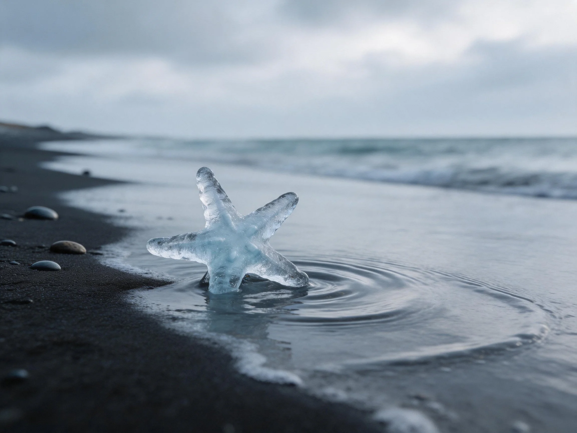 A translucent ice starfish rests on wet black sand near the ocean