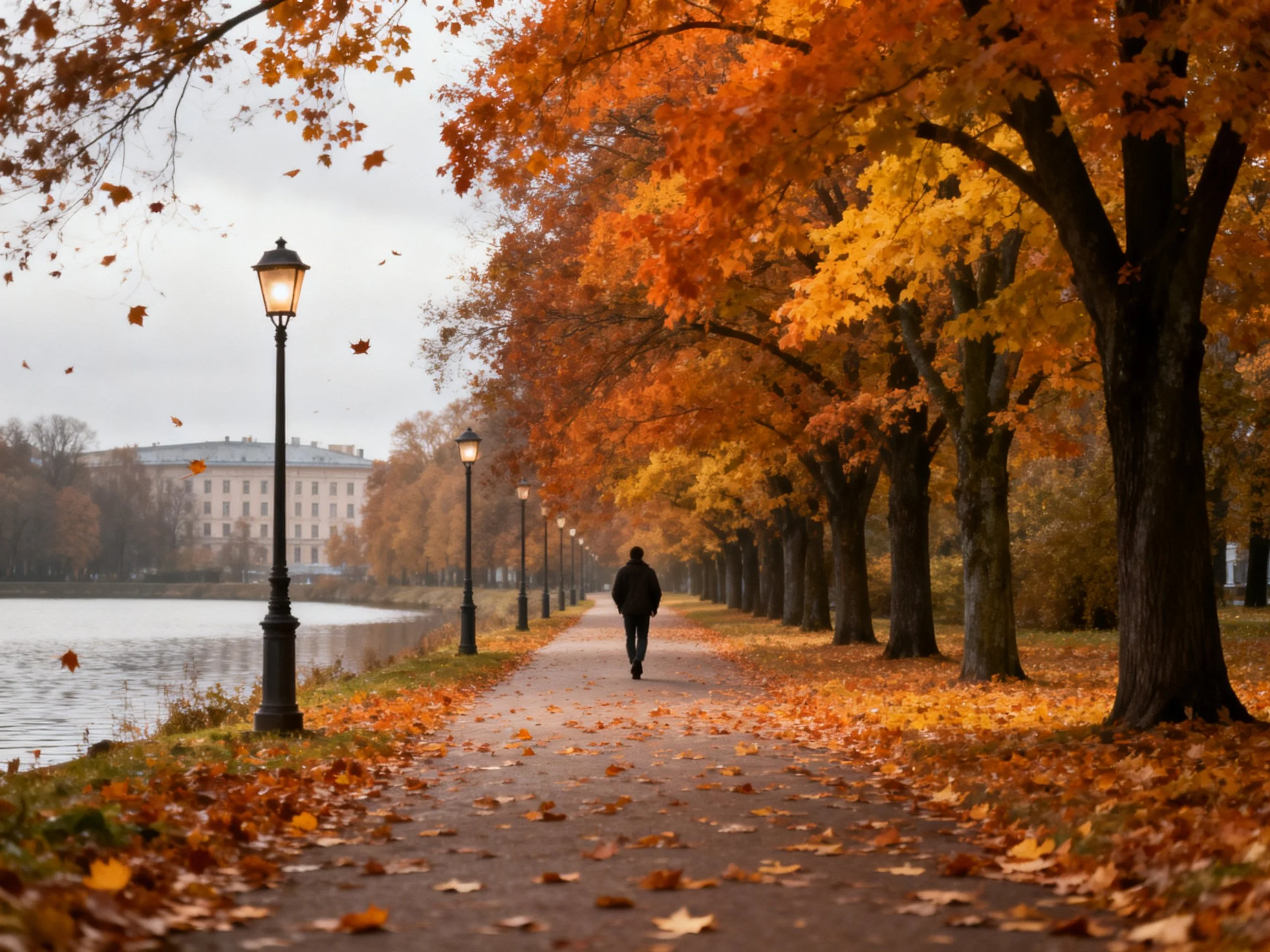A tree-lined autumn path with golden foliage and a solitary walker
