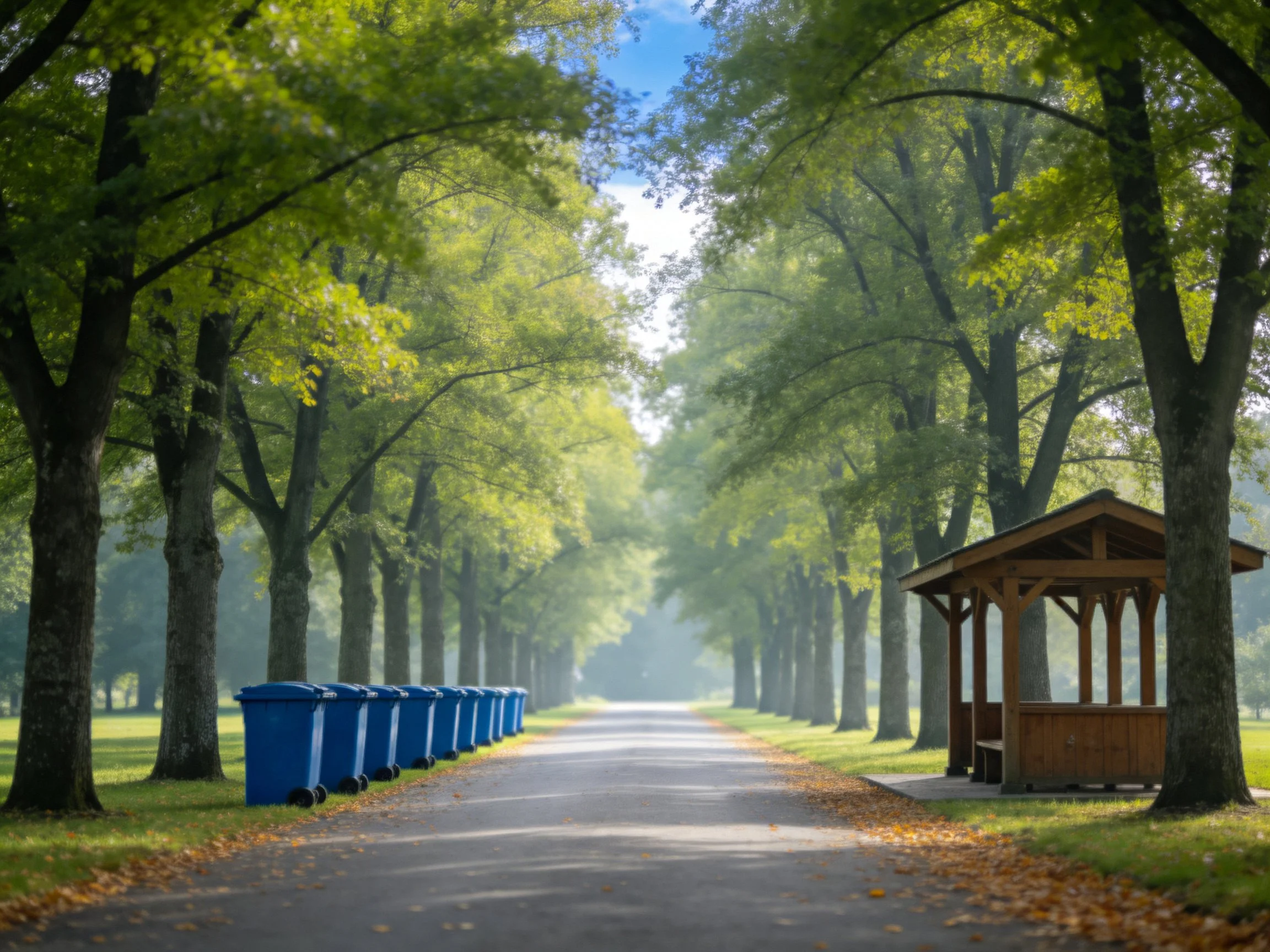 A tree-lined park path with blue trash bins and a wooden shelter