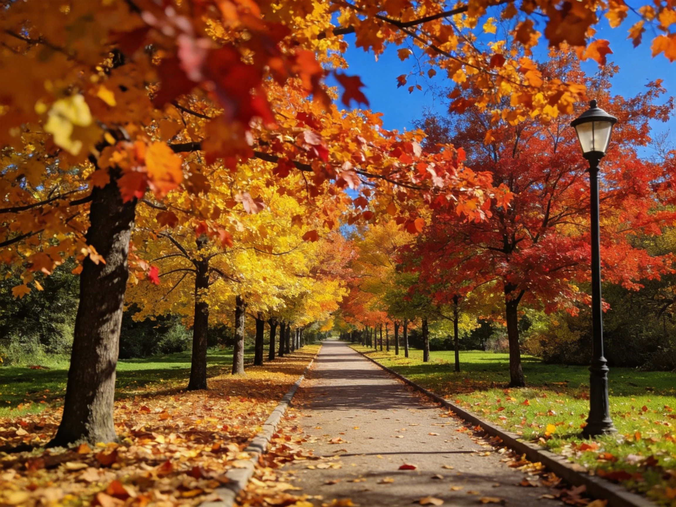 A tree-lined path showcasing vibrant autumn foliage