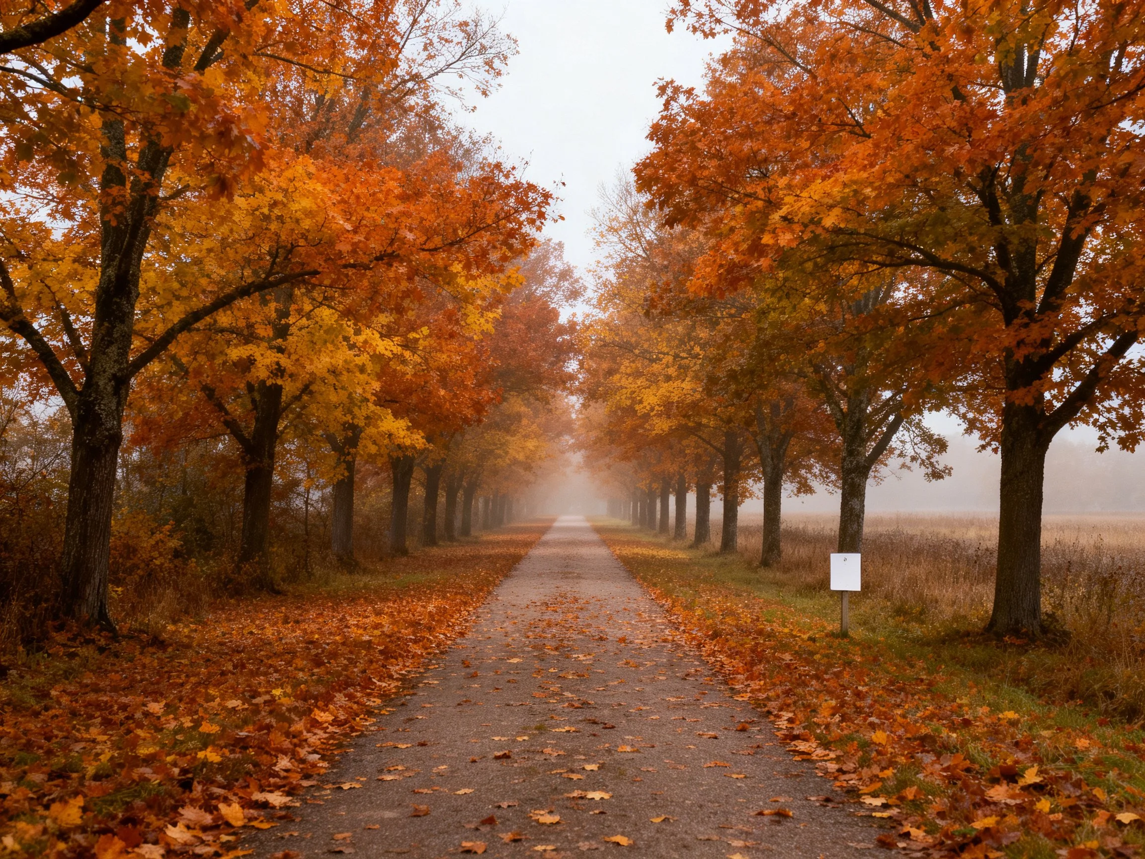 A tree-lined path with golden-orange autumn foliage and misty surroundings