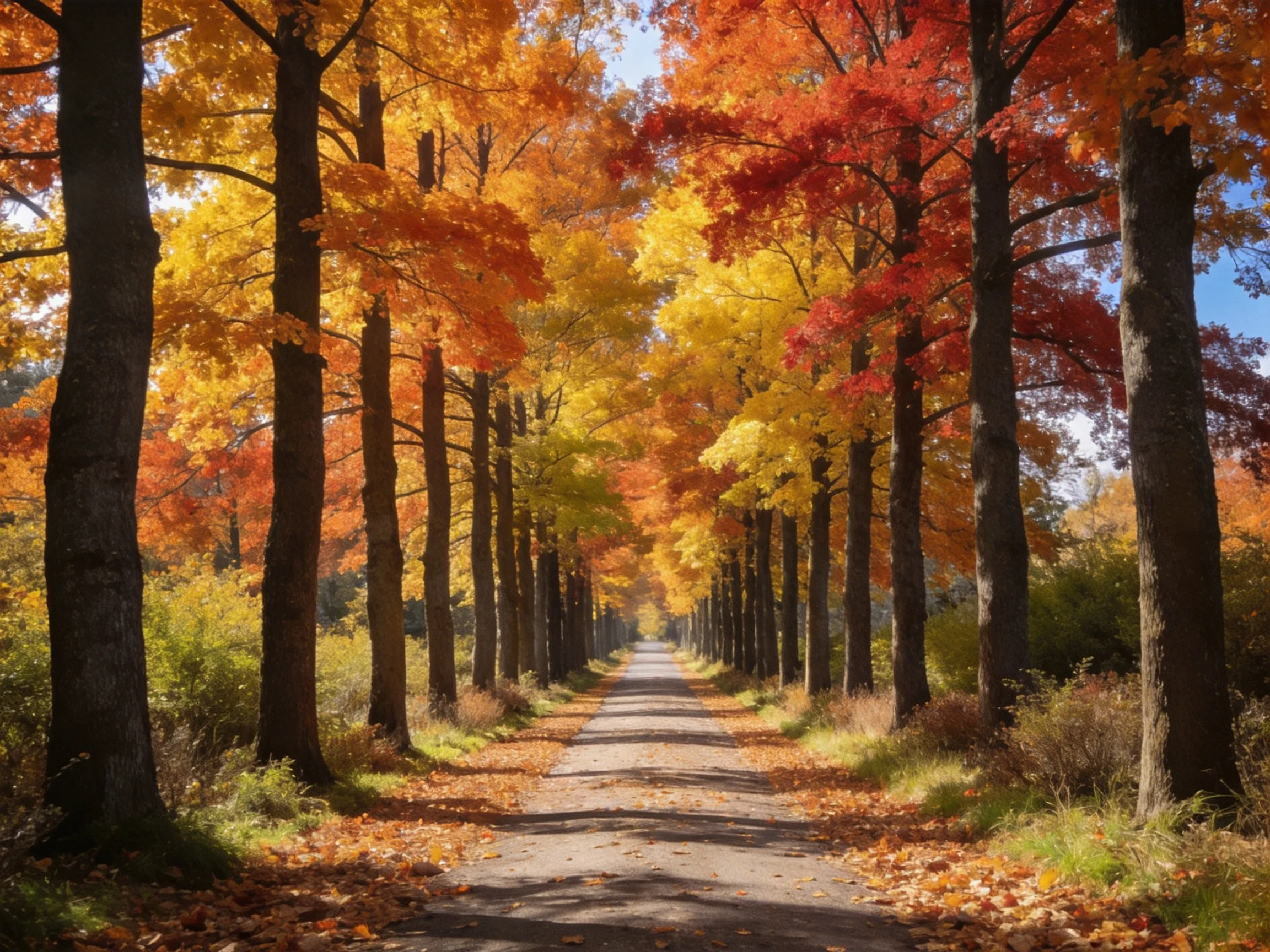 A tree-lined path with vibrant autumn foliage in golden, crimson, and orange.