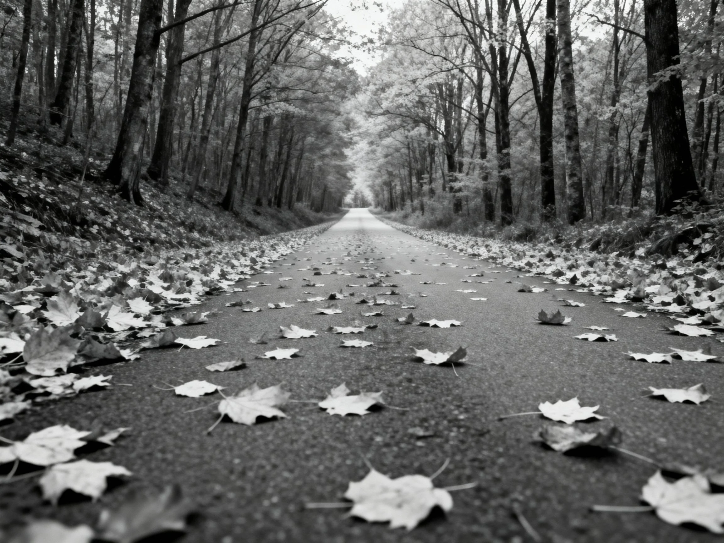 A tree-lined road blanketed with scattered fallen leaves