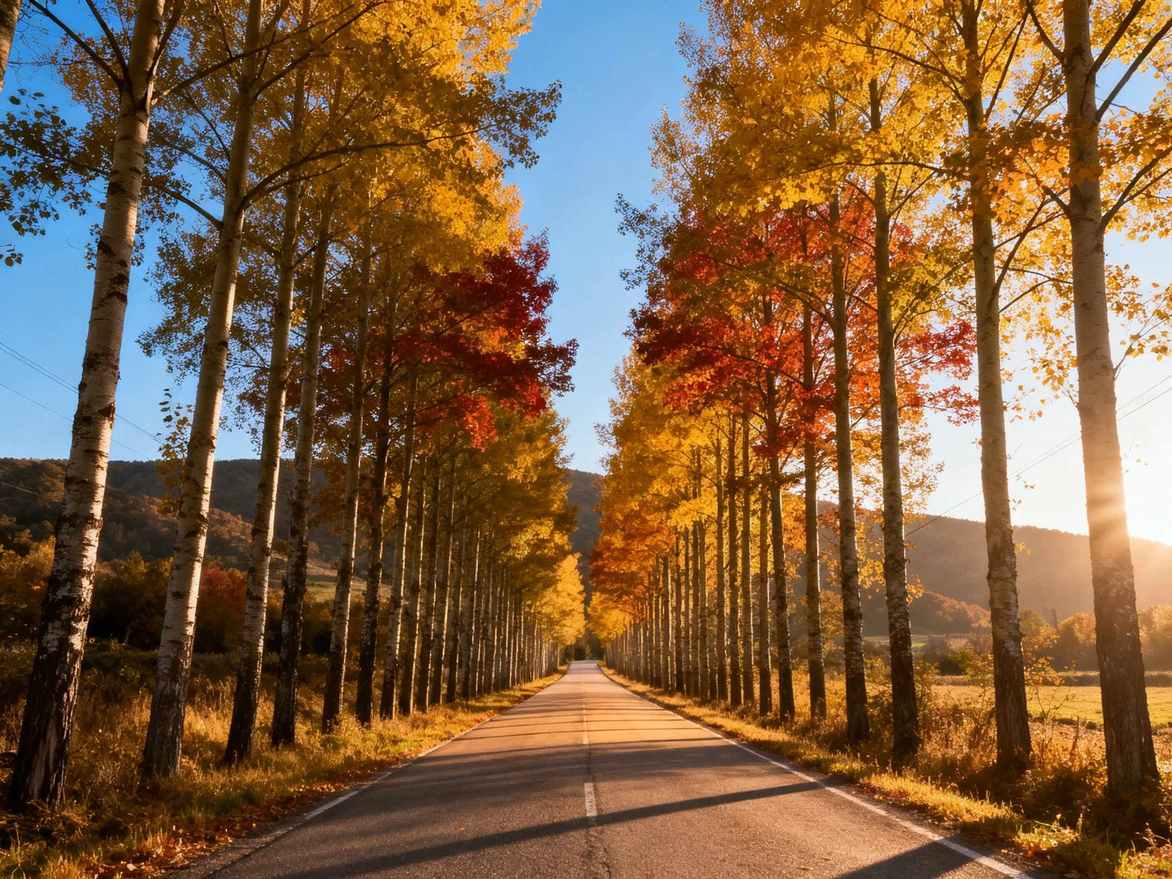 A tree-lined road with golden and crimson autumn foliage under clear blue sky