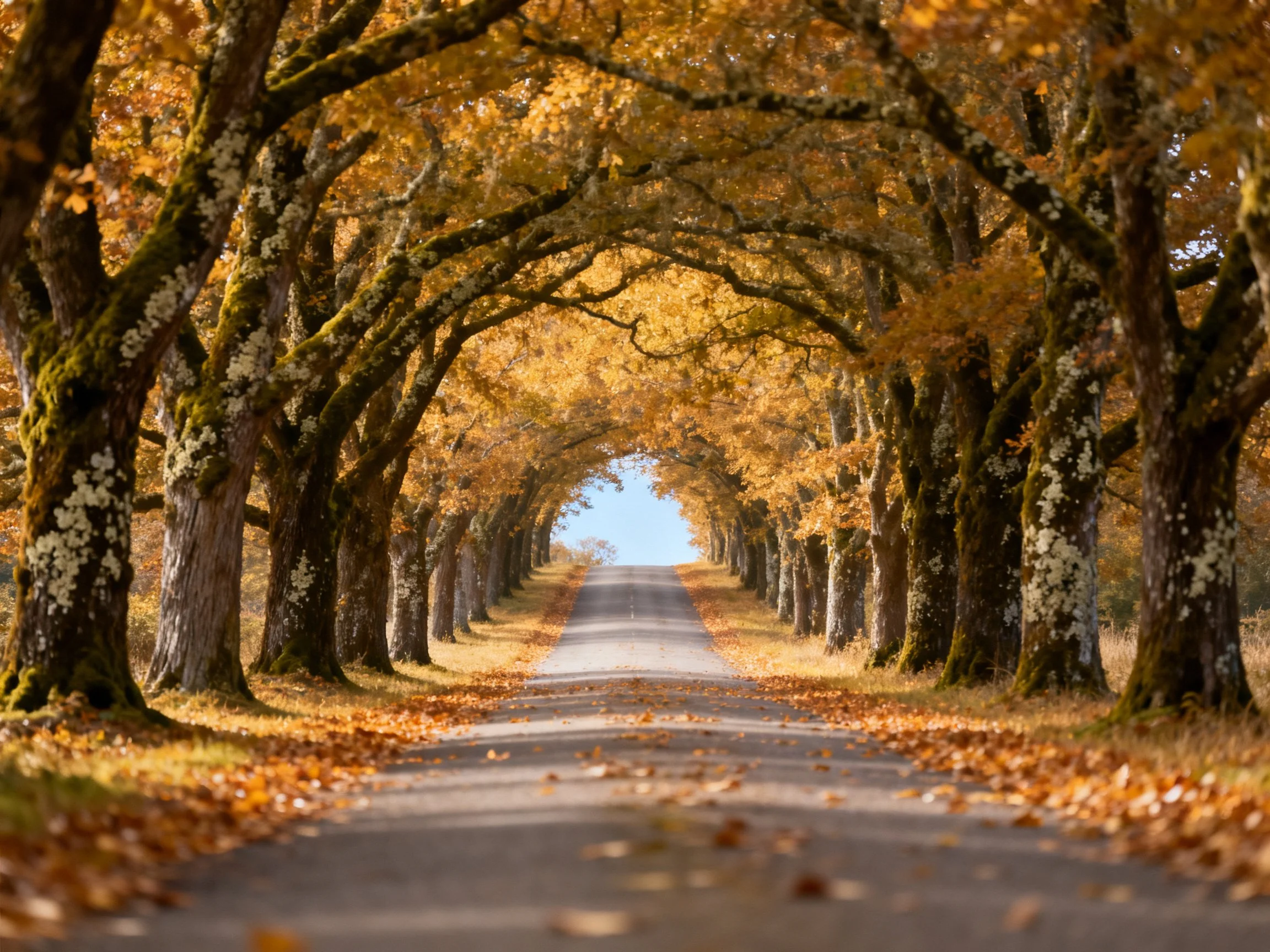 A tree-lined road with golden autumn canopy over a paved path