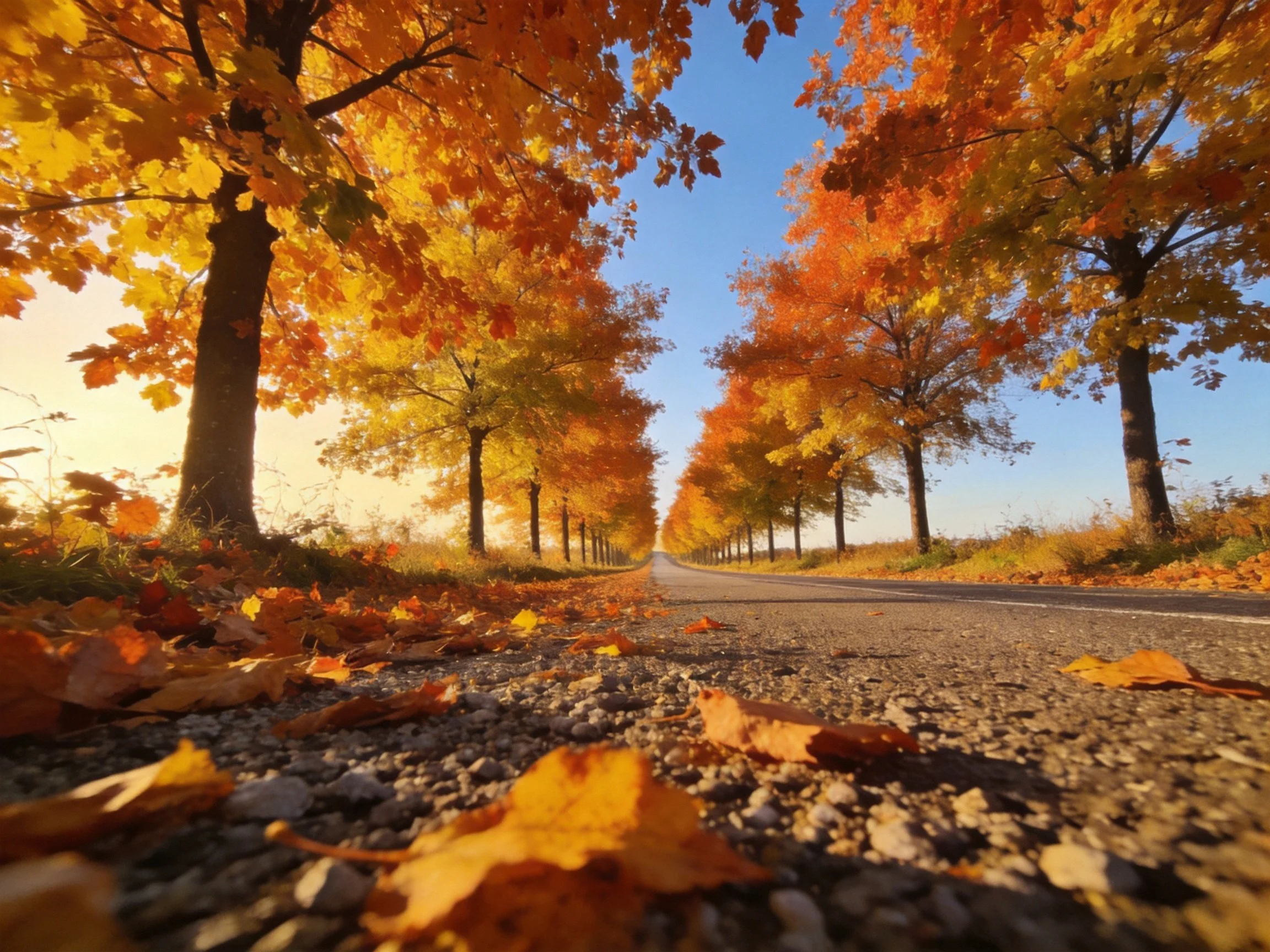 A tree-lined road with vibrant autumn foliage and fallen leaves