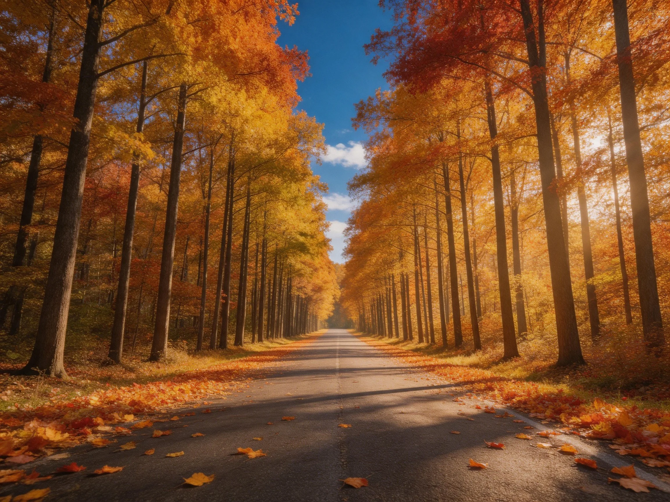 A tree-lined road with vibrant autumn foliage and scattered fallen leaves
