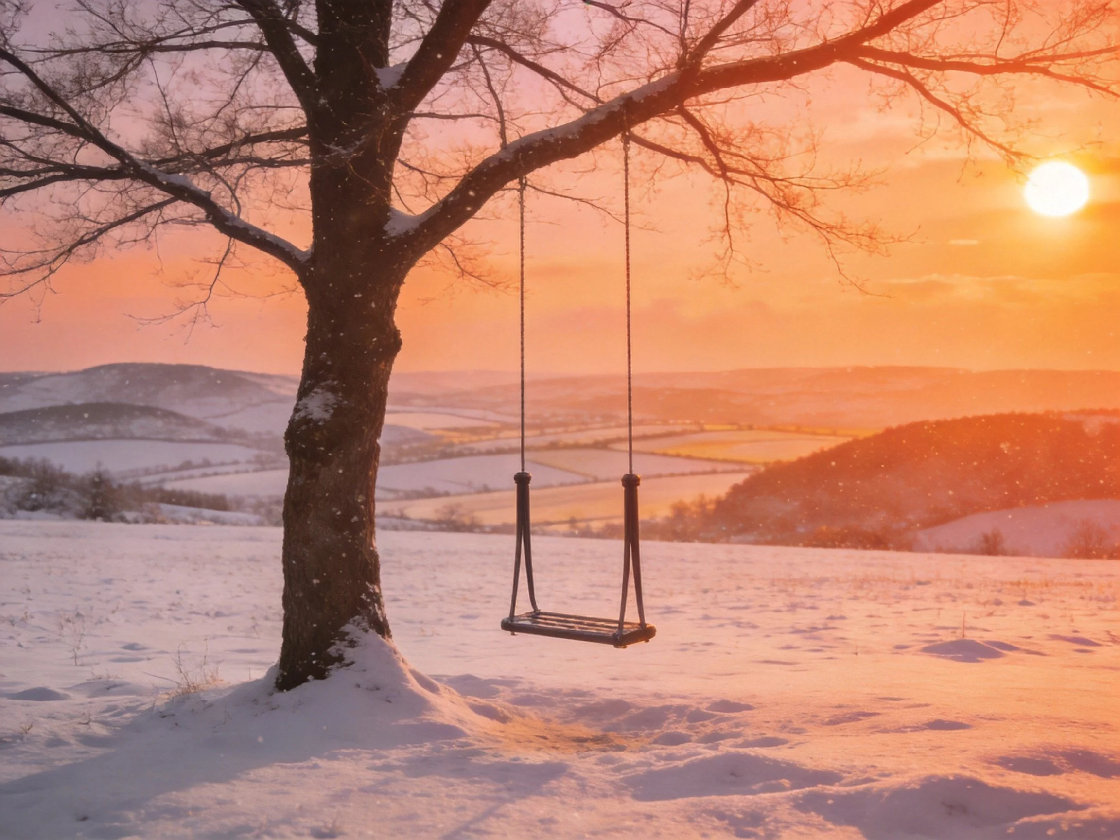 A tree swing overlooks a snowy landscape at sunset