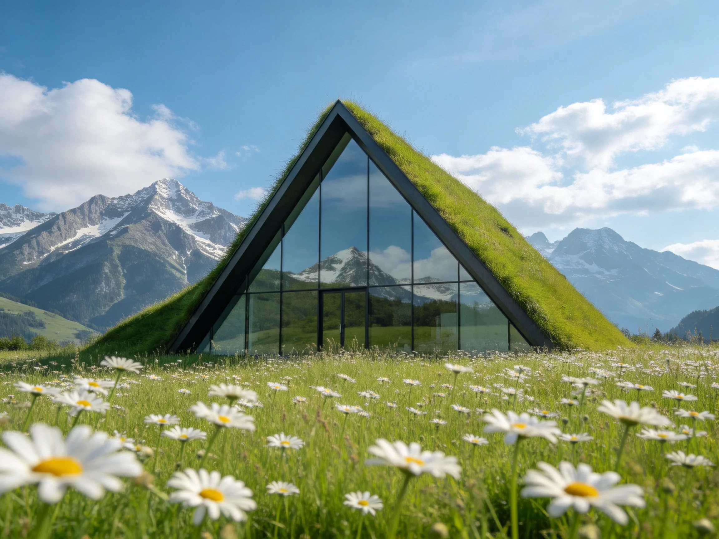 A triangular glass house with a green roof amid alpine wildflowers