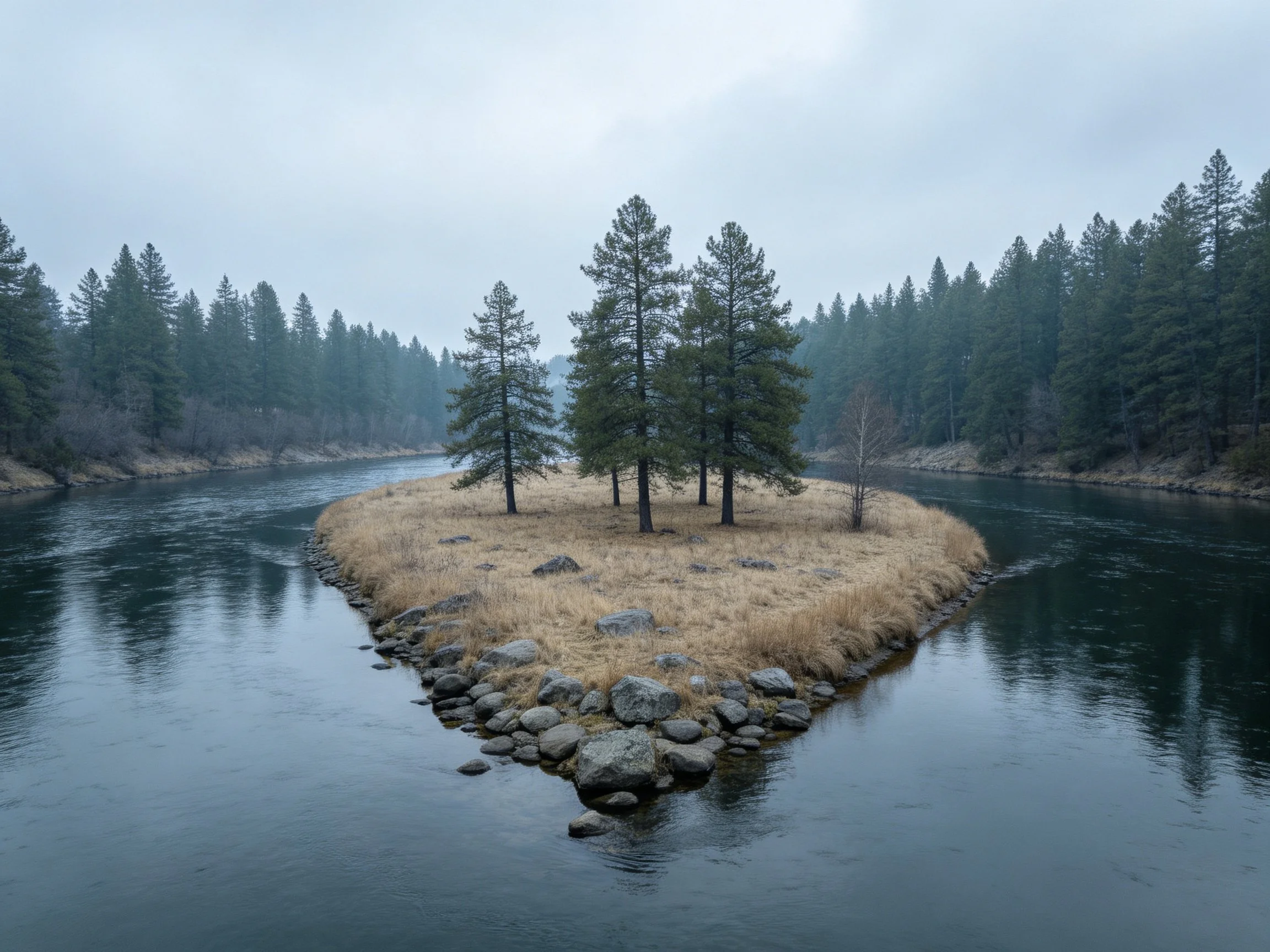 A triangular river island with evergreen trees and rocky shoreline