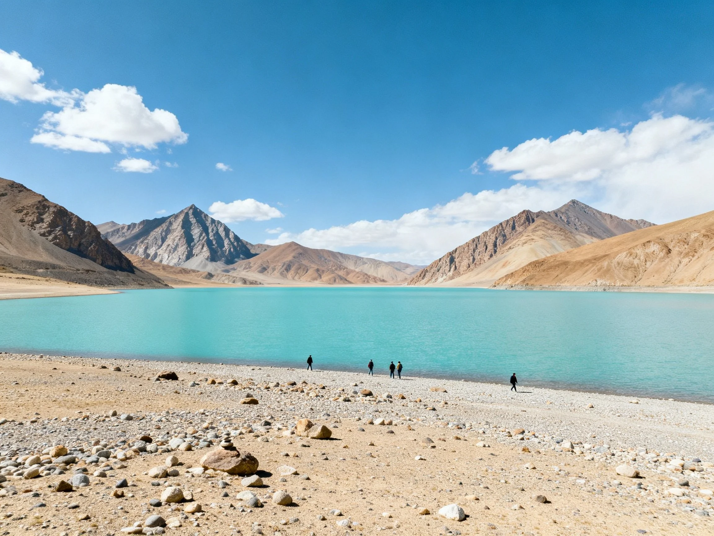 A turquoise lake bordered by brown mountains and rocky shores