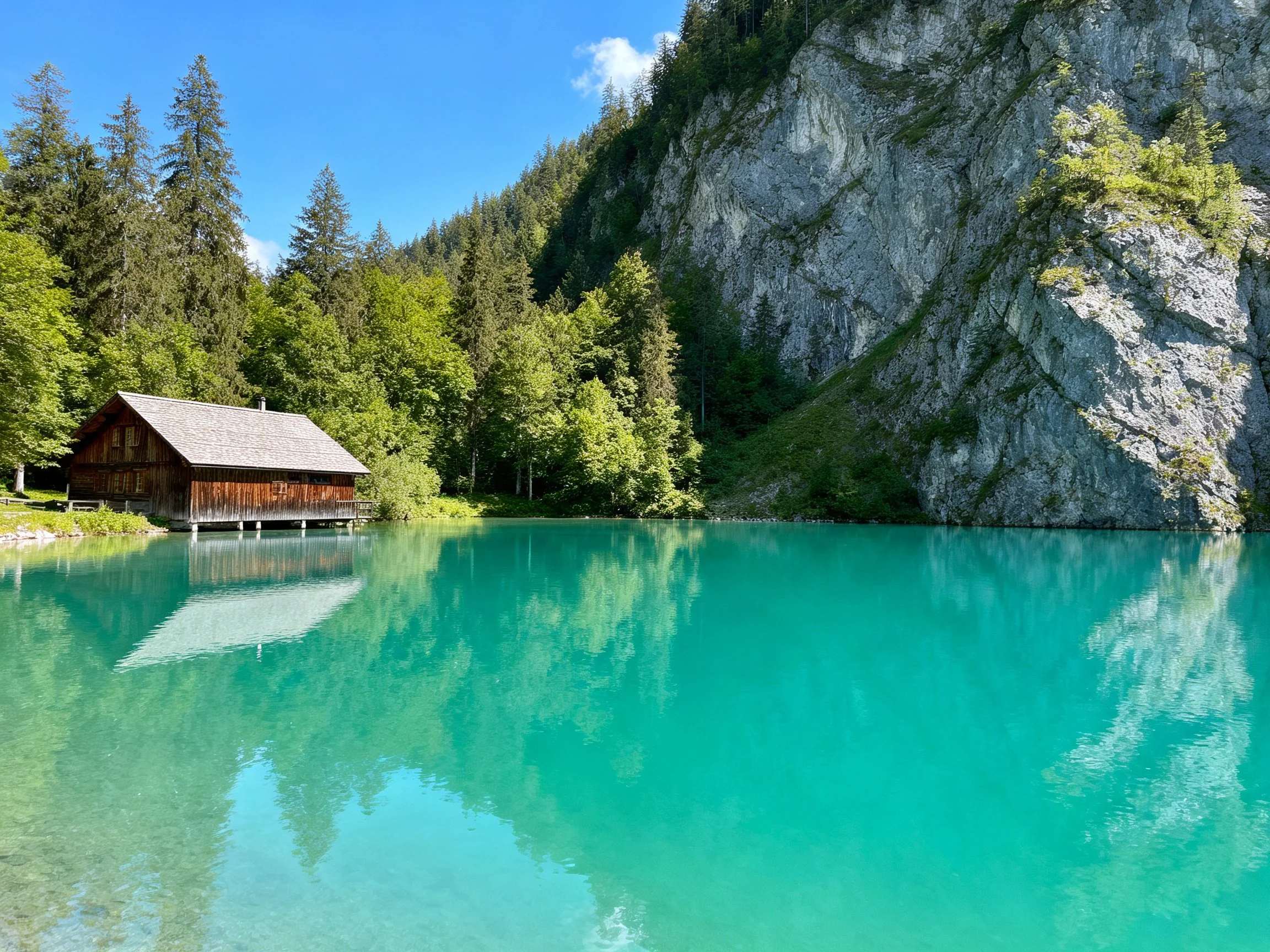 A turquoise lake reflects a rustic cabin near steep rocky cliffs
