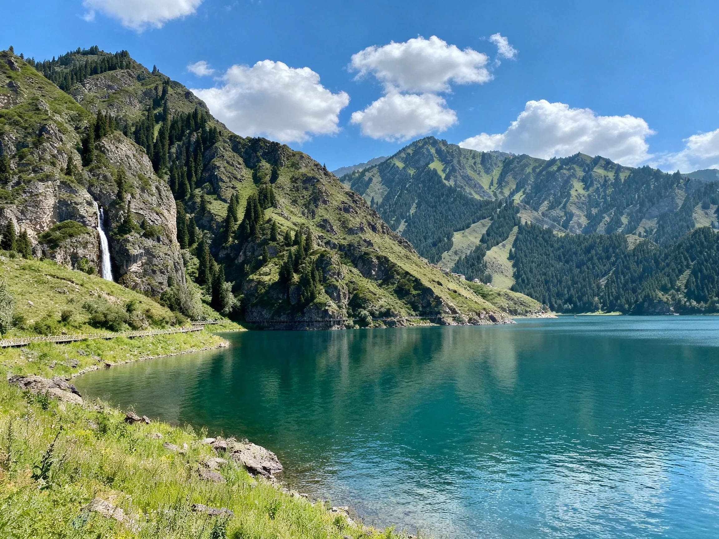 A turquoise mountain lake surrounded by forested hills