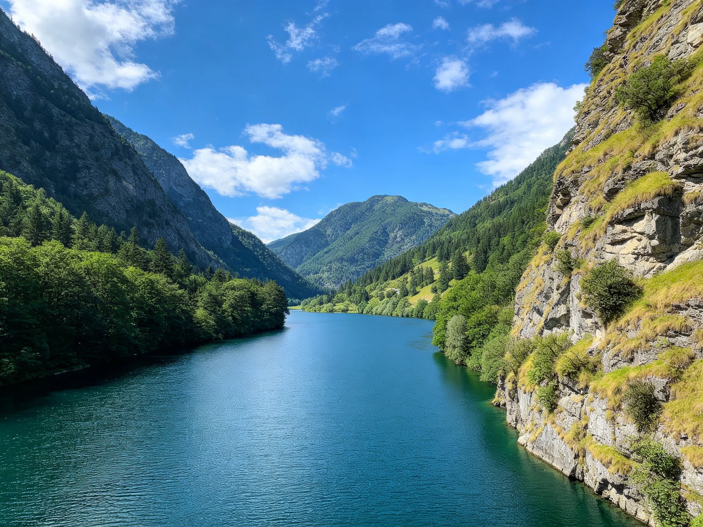 A turquoise river flows between forested mountains under a bright blue sky
