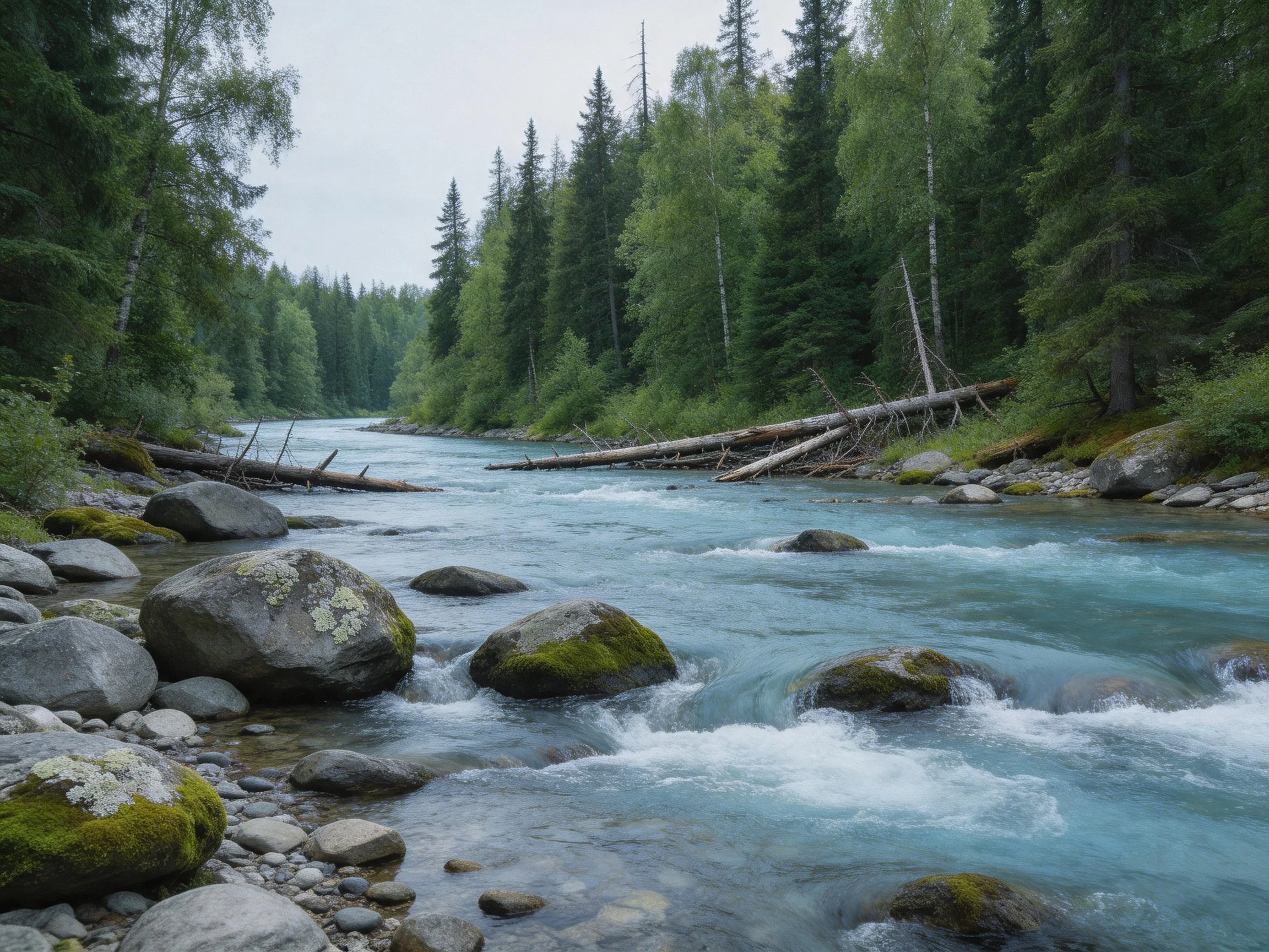 A turquoise river winds through a forested landscape with mossy rocks