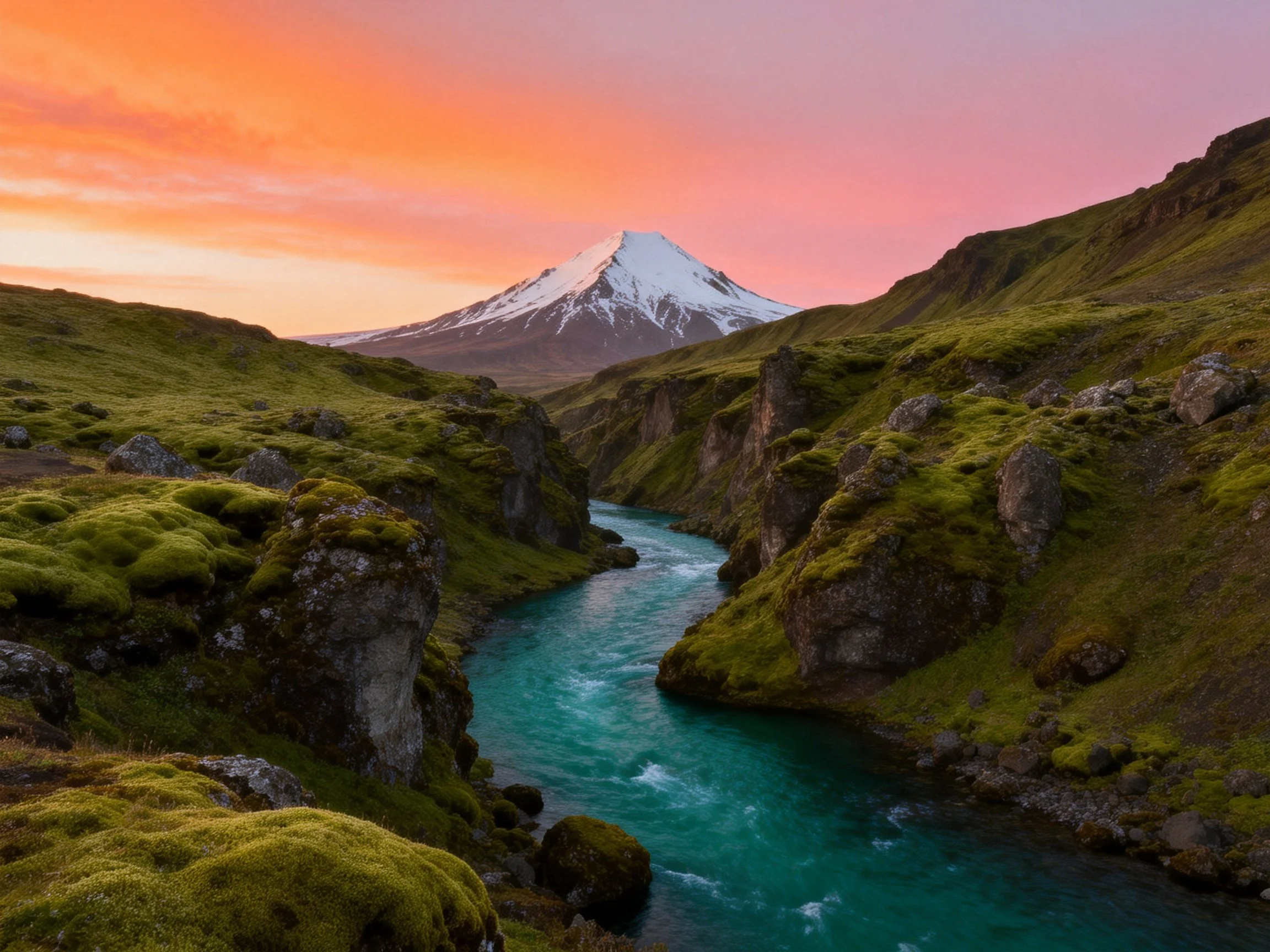 A turquoise river winds through moss-covered canyons toward a snow-capped mountain