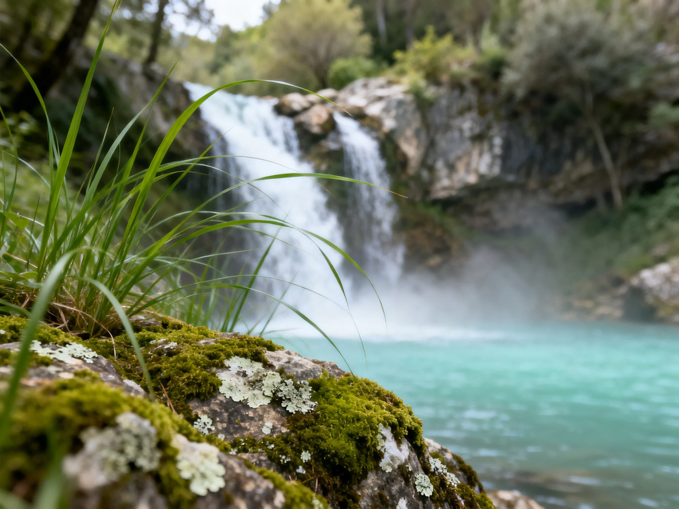 A turquoise waterfall cascades over mossy rocks amid lush greenery