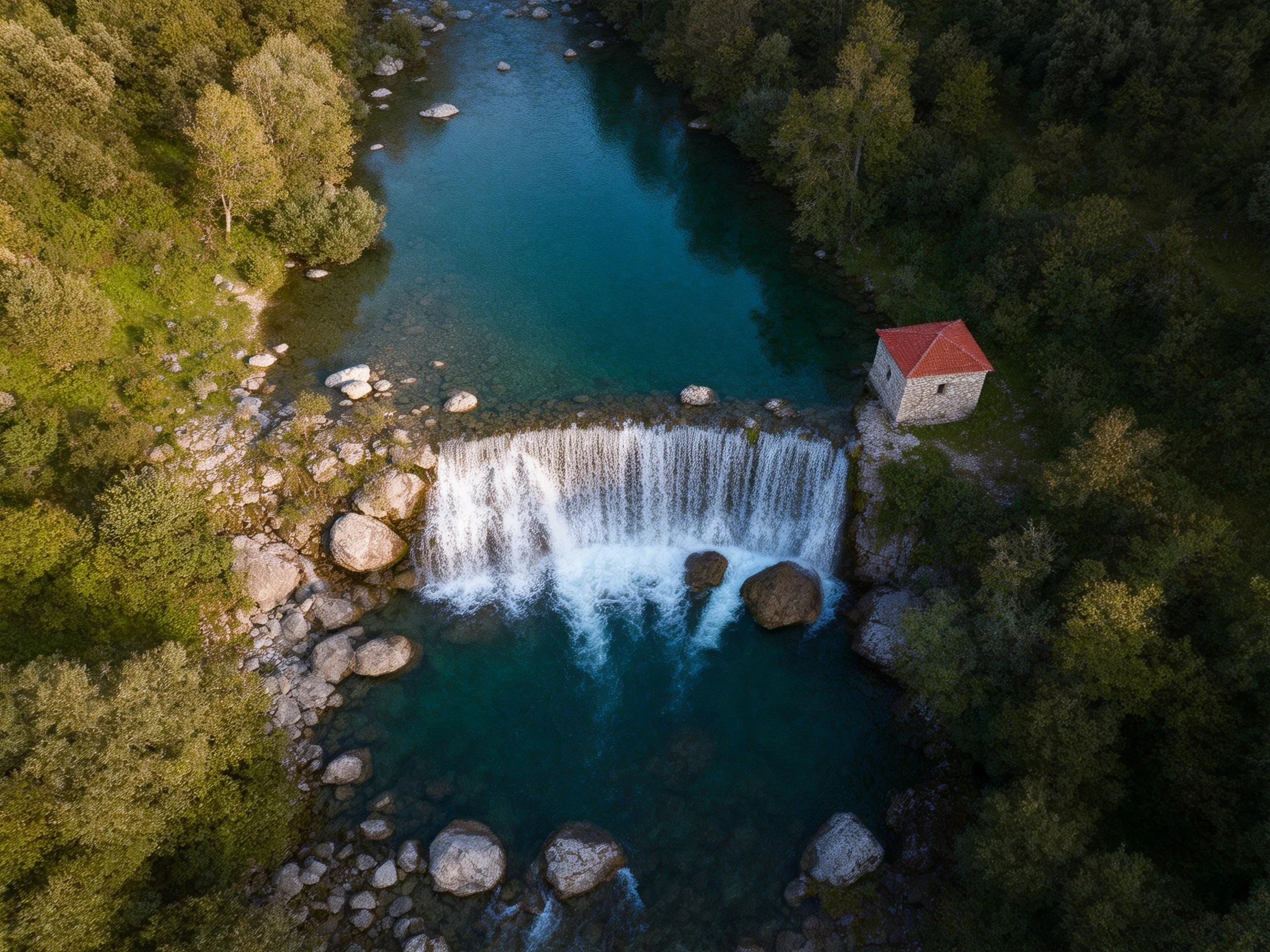 A turquoise waterfall flows beside a stone house in dense forest