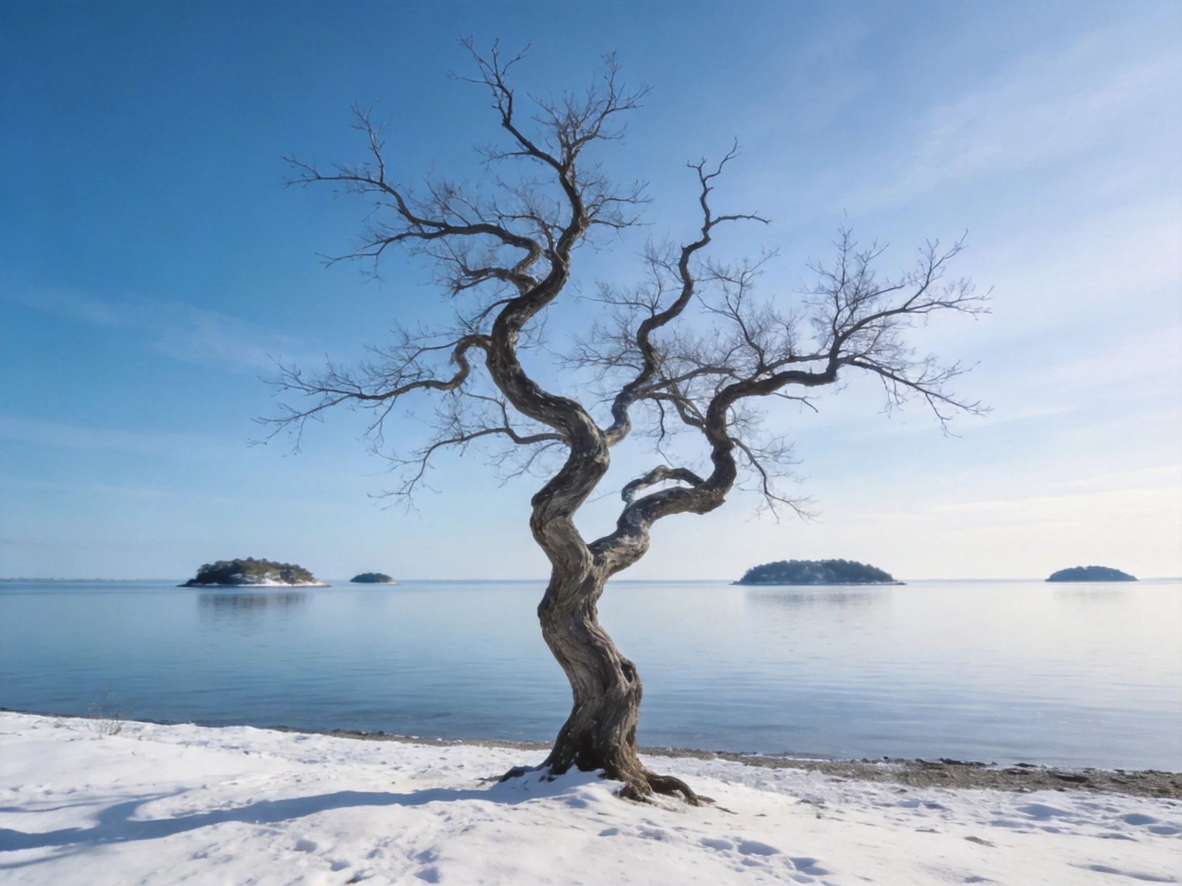A twisted bare tree on a snowy shore near calm waters