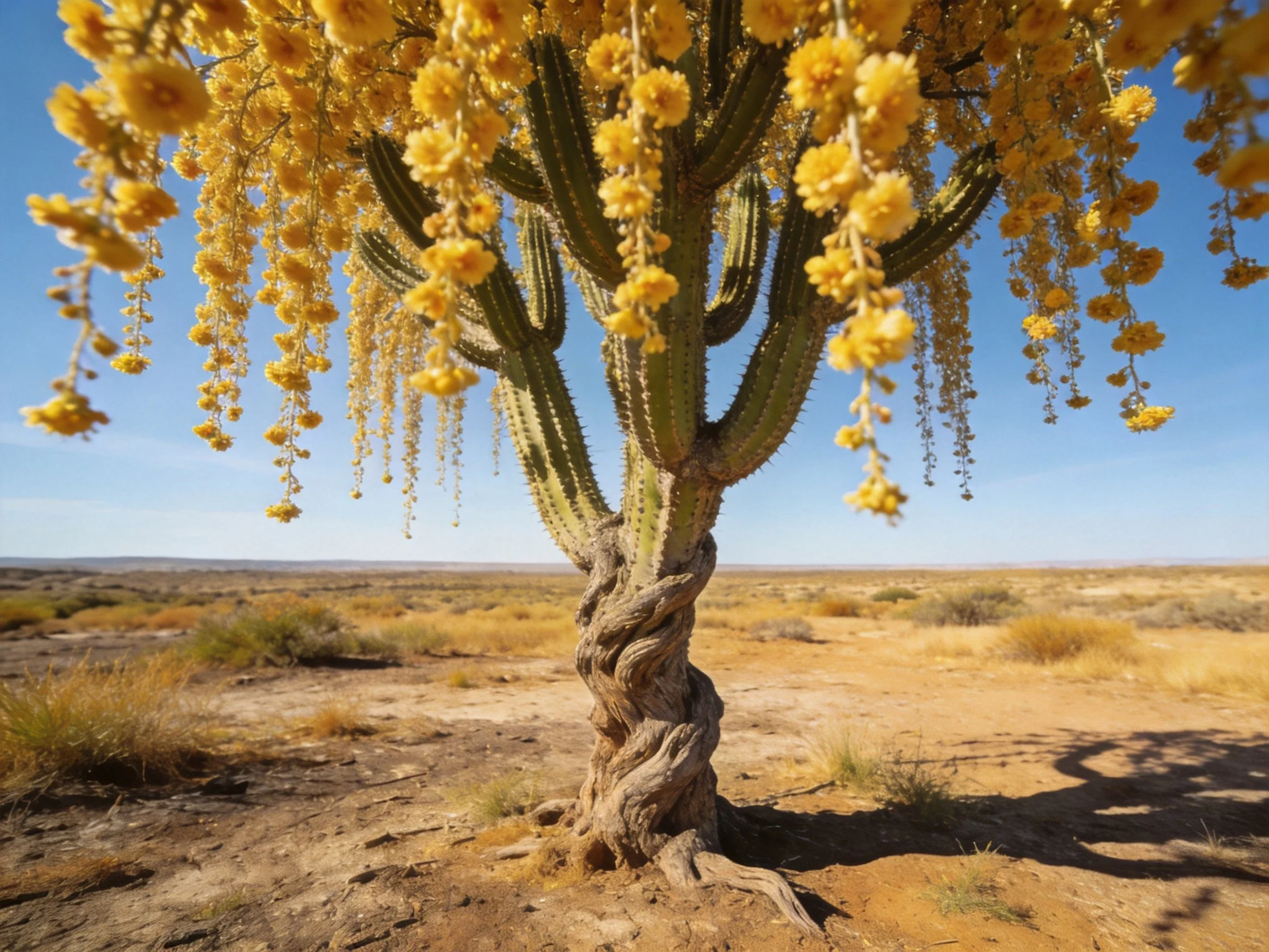 A twisted cactus tree with cascading yellow blooms in an arid landscape