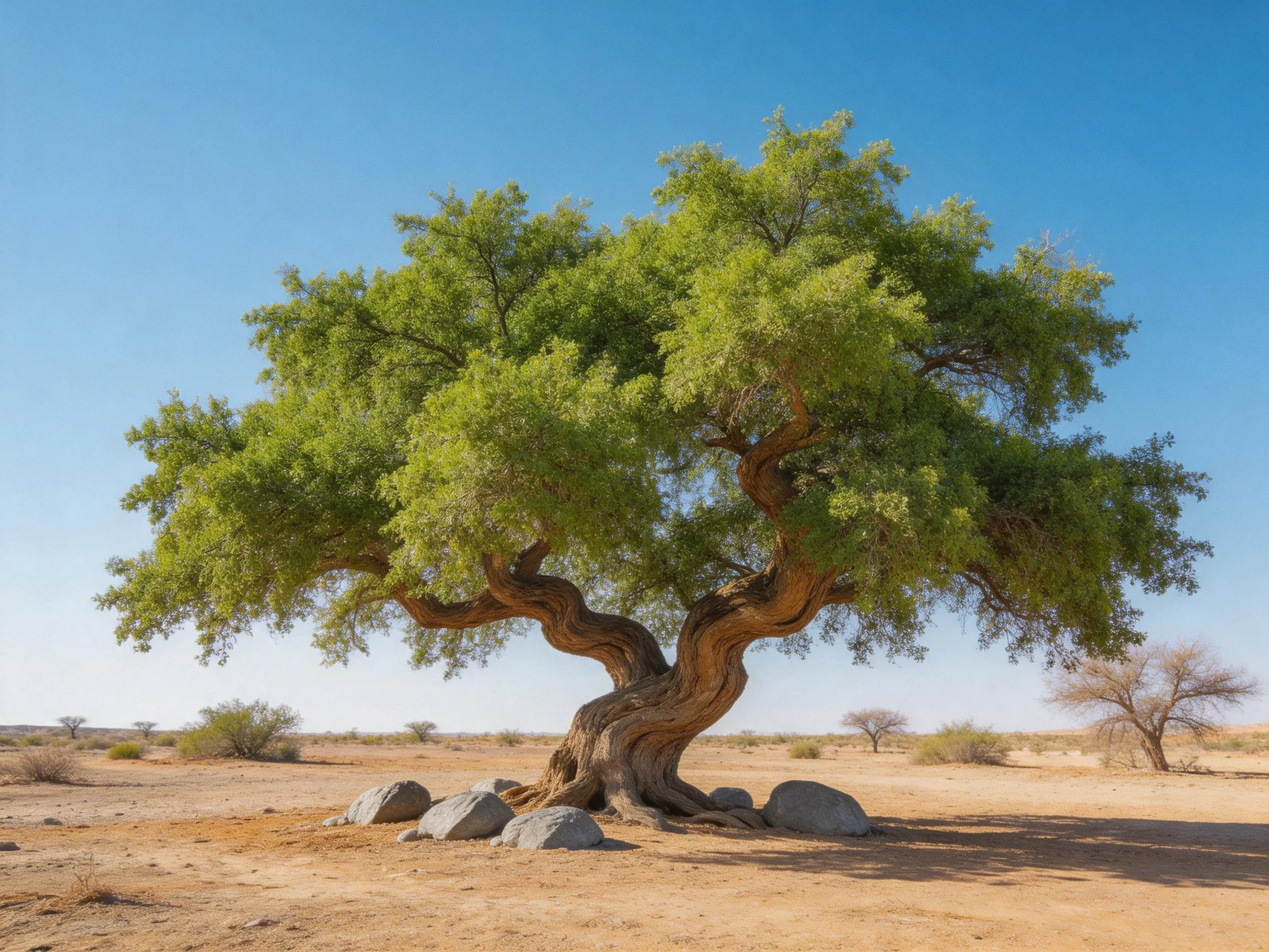 A twisted green tree stands among rocks in an arid landscape