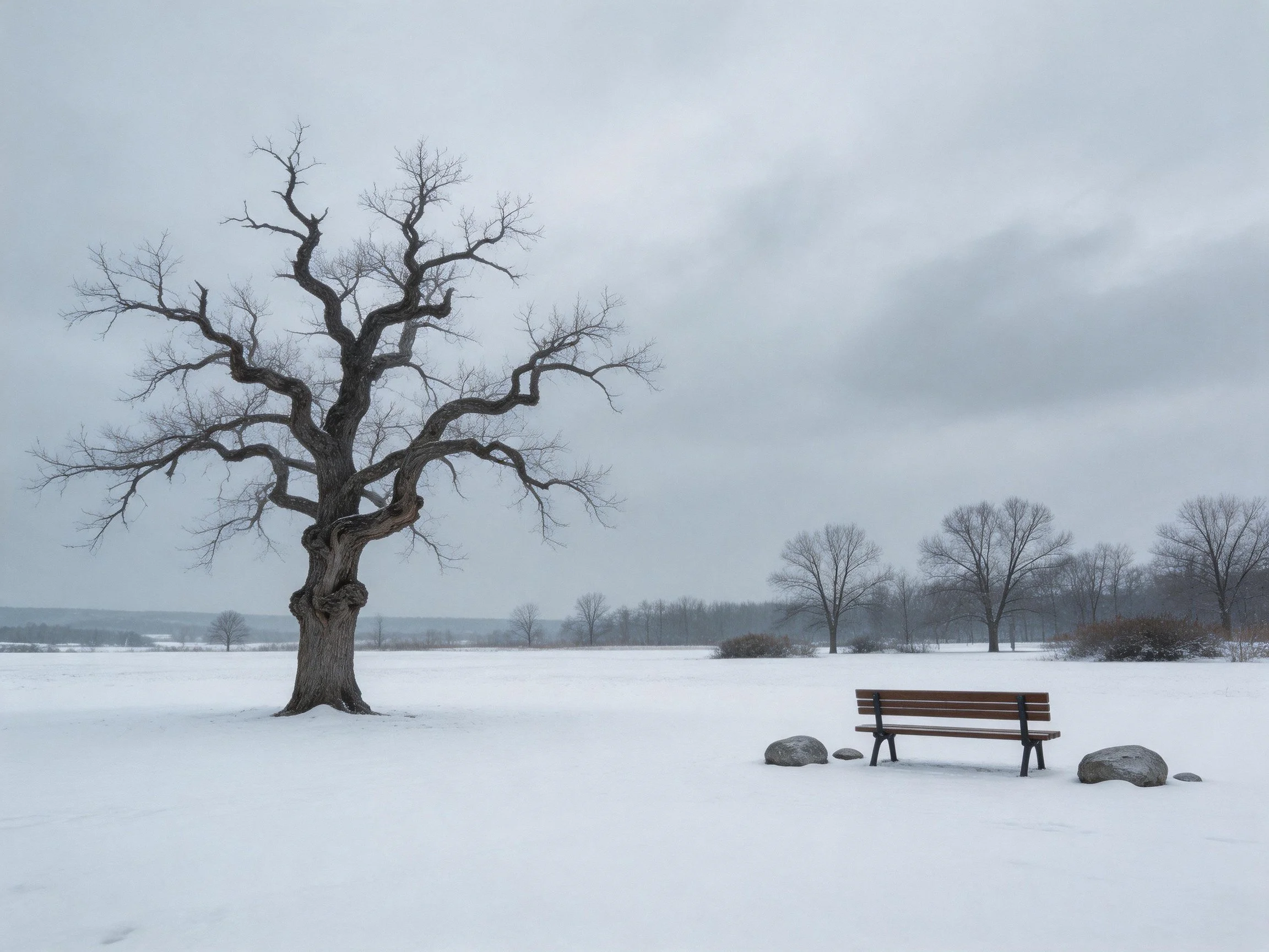 A twisted leafless tree sits near a bench in a snowy field