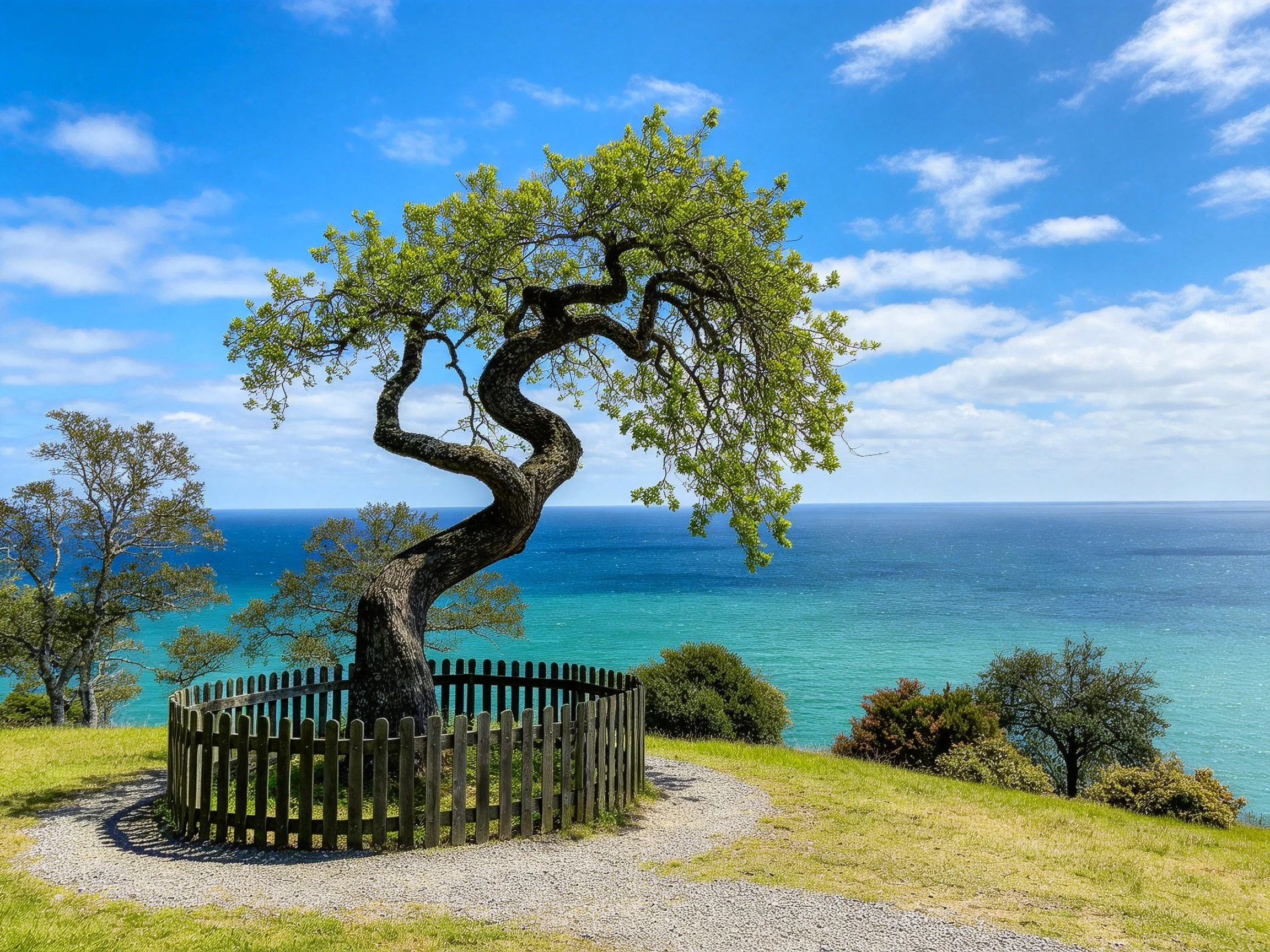 A twisted tree fenced by wood overlooks turquoise seas.