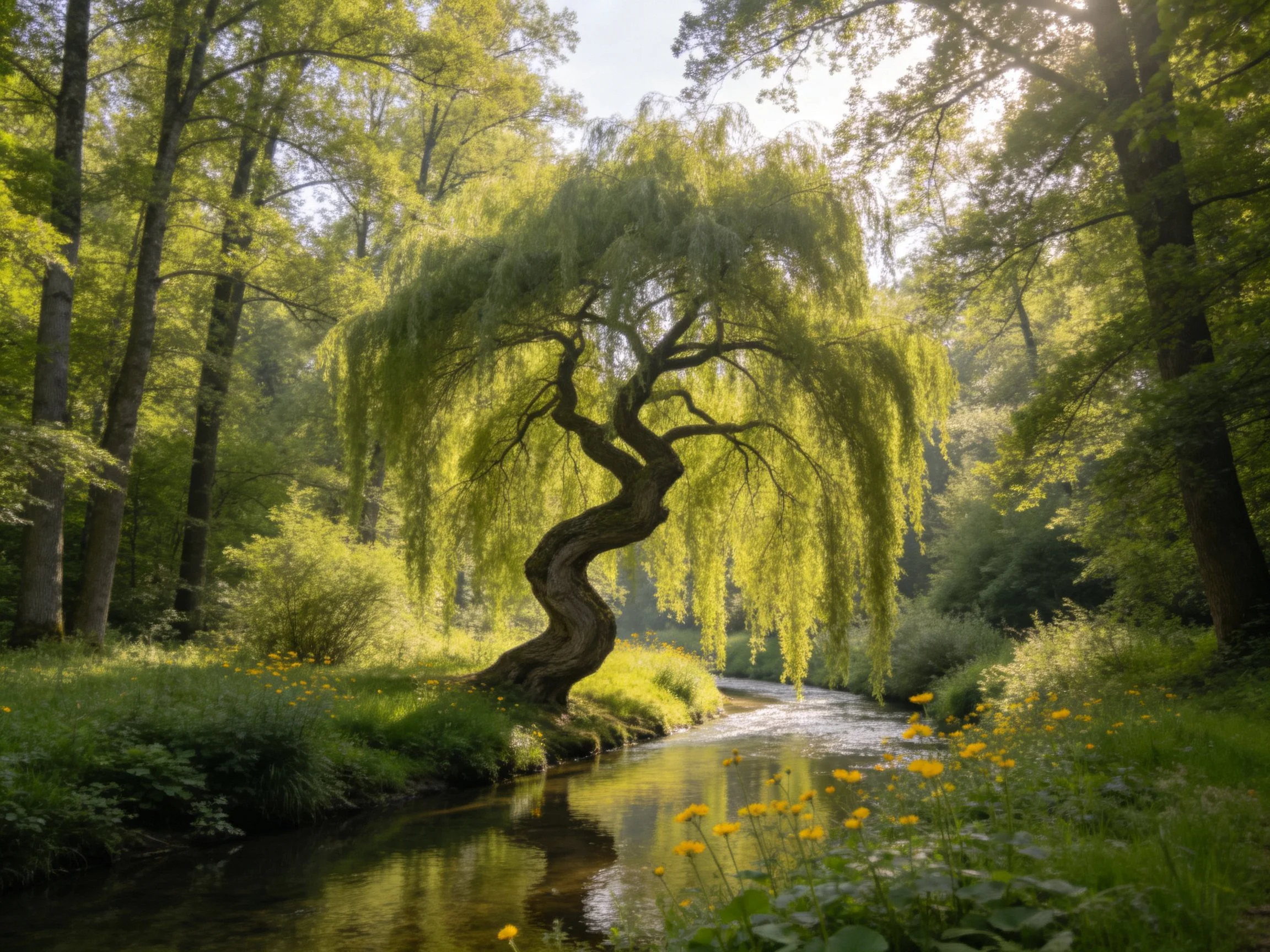 A twisted weeping willow by a sunlit forest stream