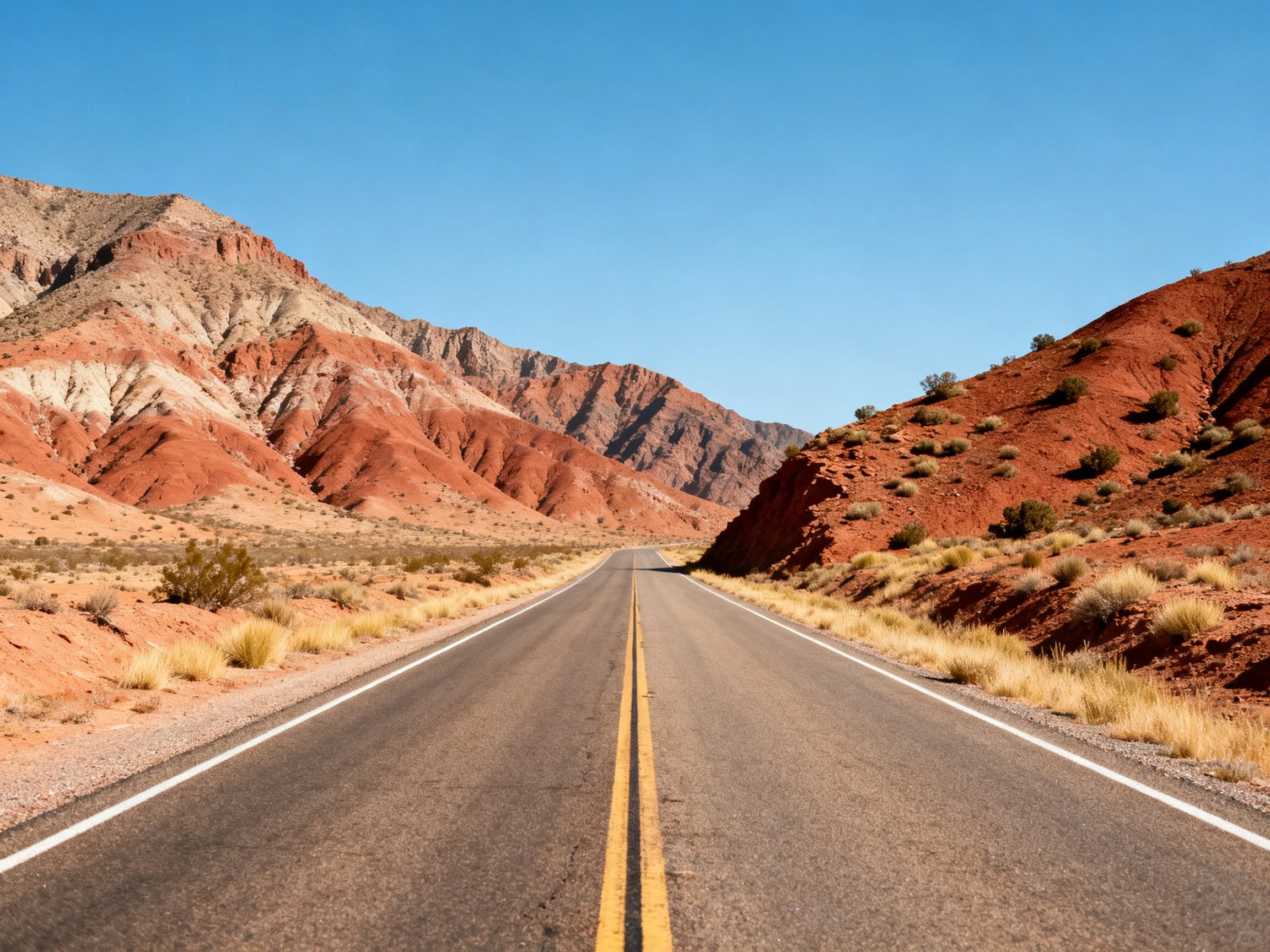 A two-lane highway cutting through colorful desert mountains