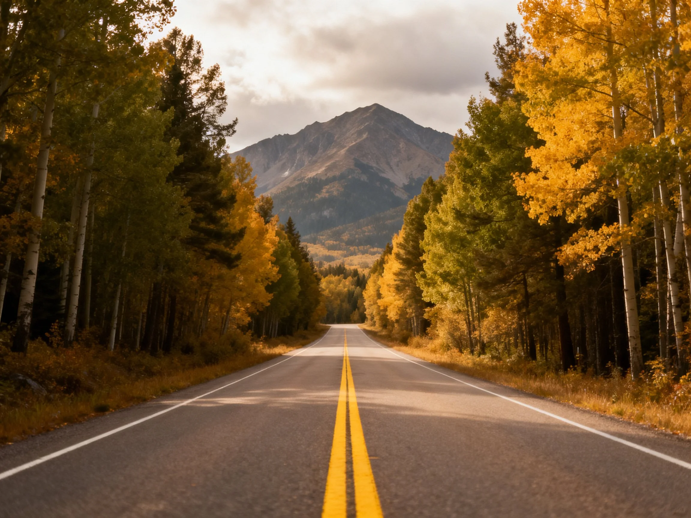 A two - lane road flanked by autumn - hued trees leads toward a mountain peak