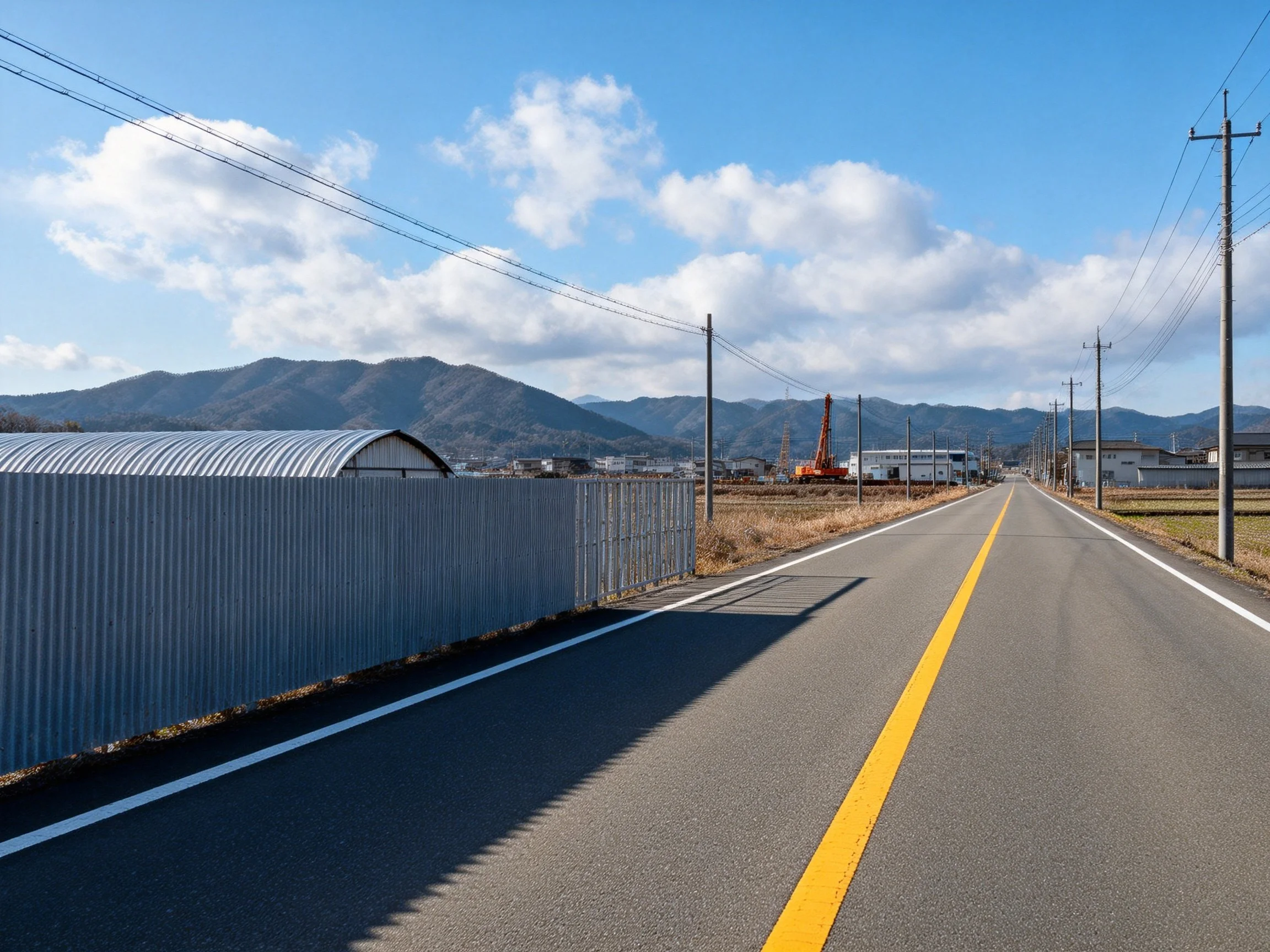 A two - lane road with yellow stripe near mountains and industrial areas