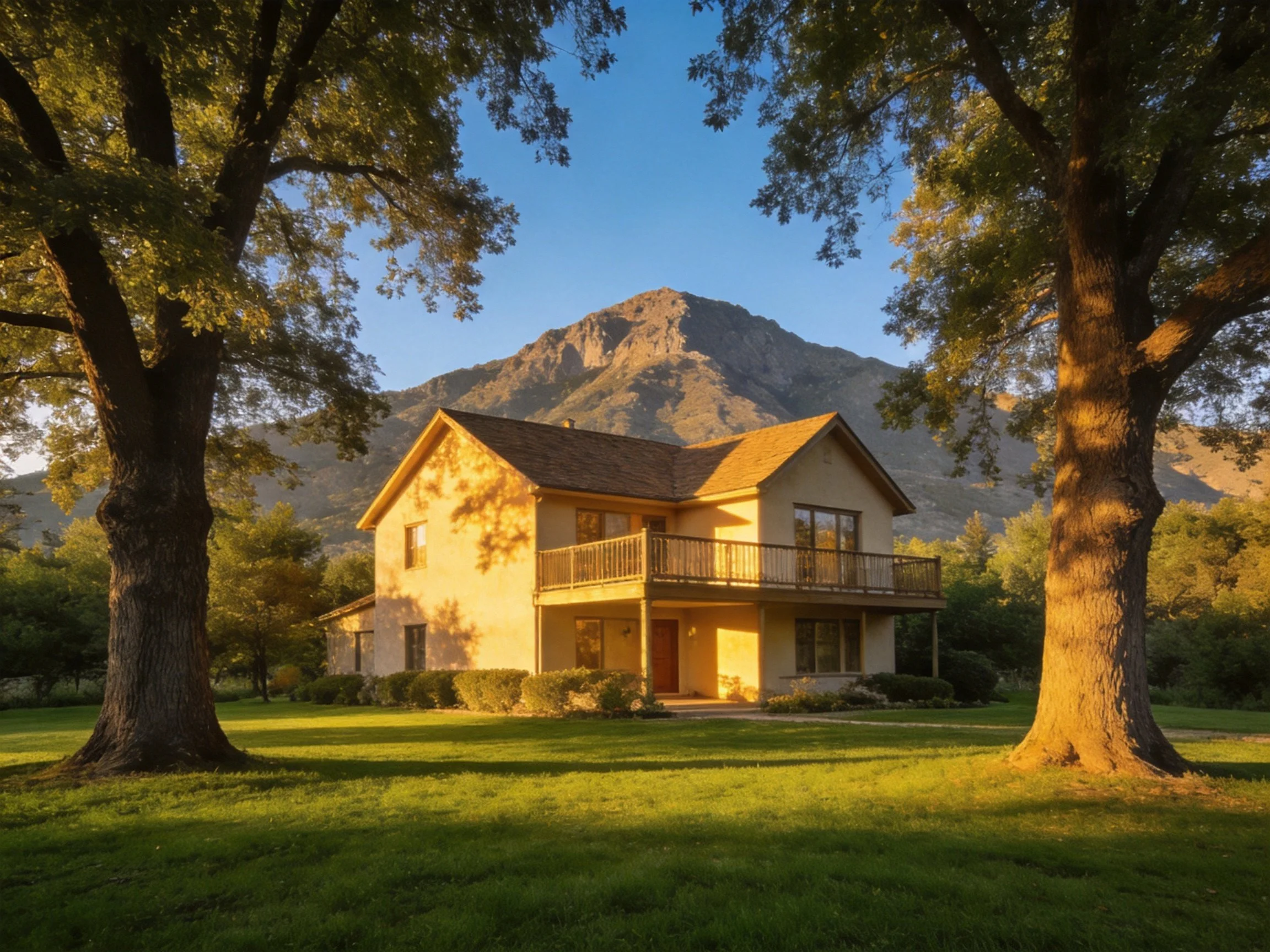 A two-story house with balcony near large trees and mountain backdrop