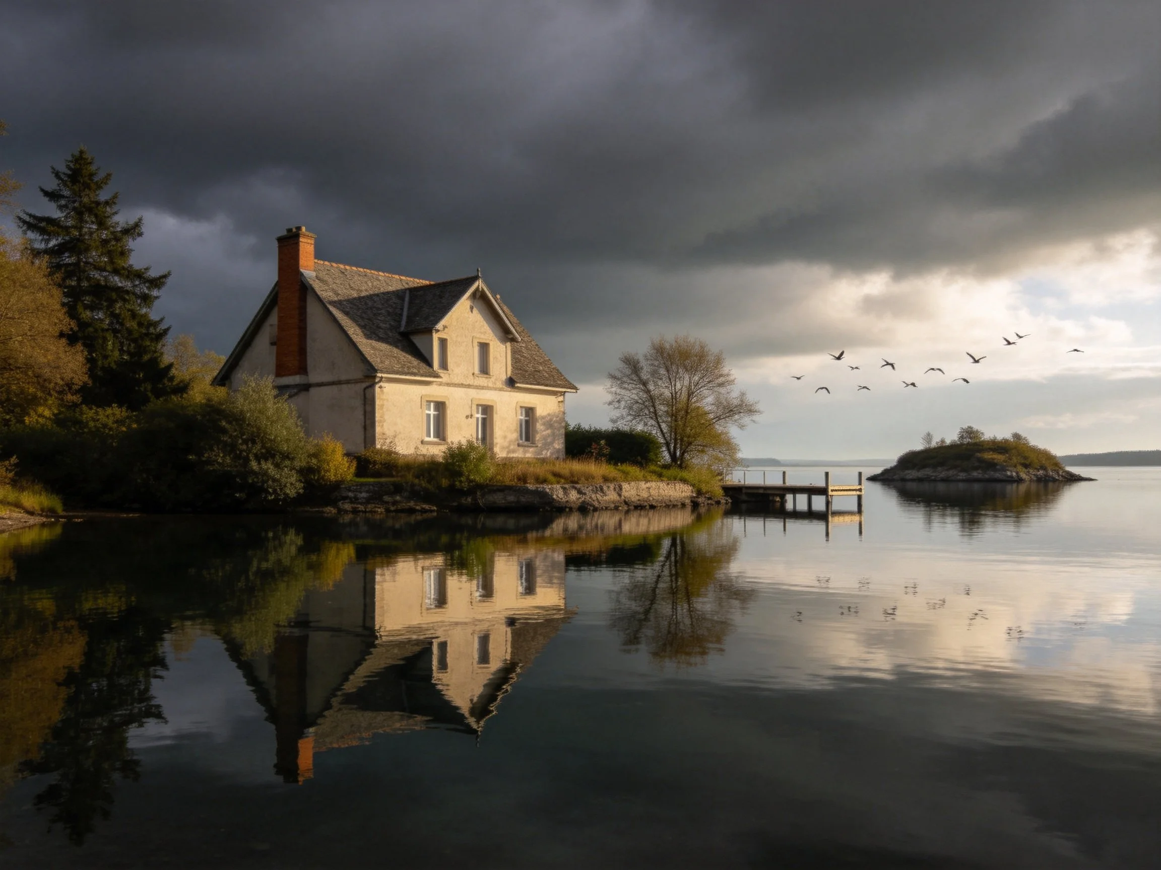 A two - story stone house by reflective waters under dramatic skies