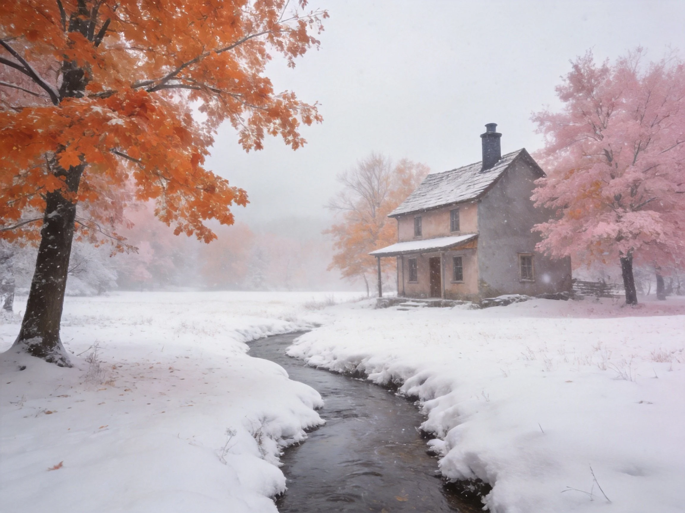 A two-story stone house near colorful autumn trees in a snowy landscape