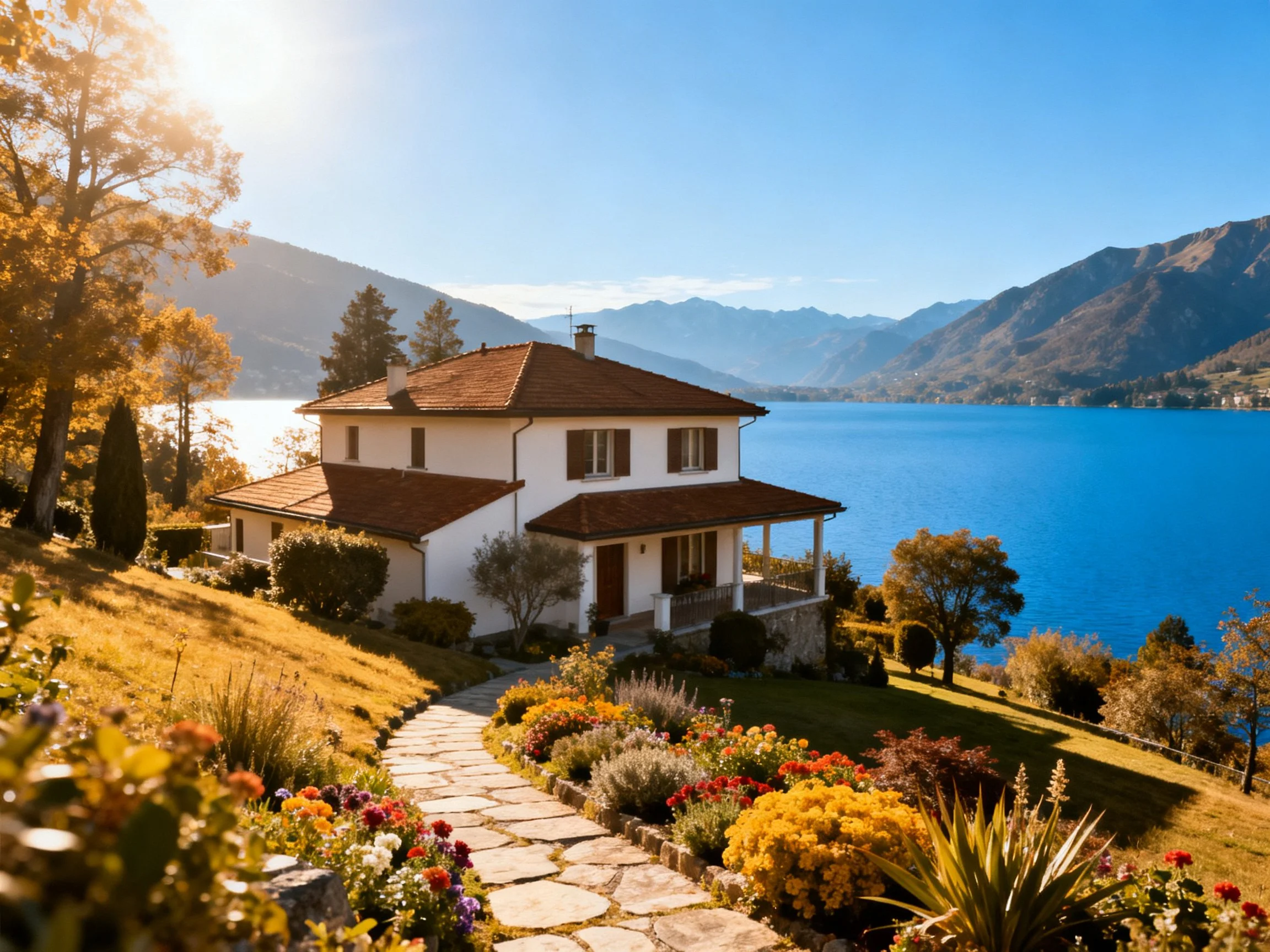 A two - story white house beside a vibrant blue lake with autumn landscaping