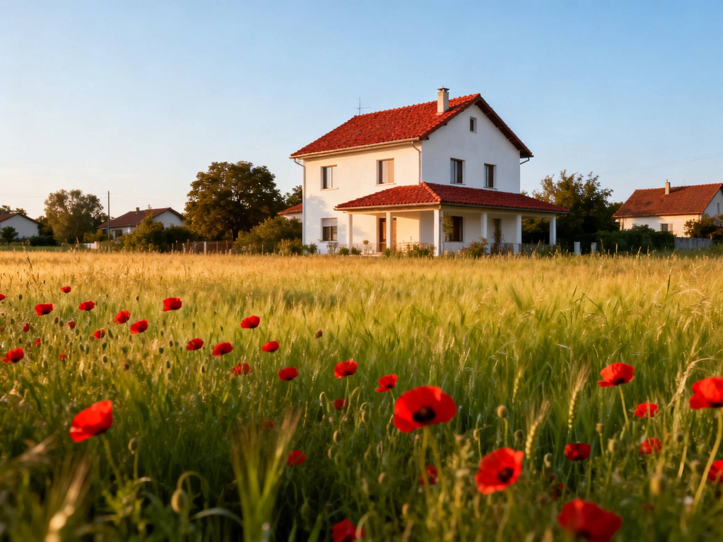 A two-story white house with red roof near a field of red poppies