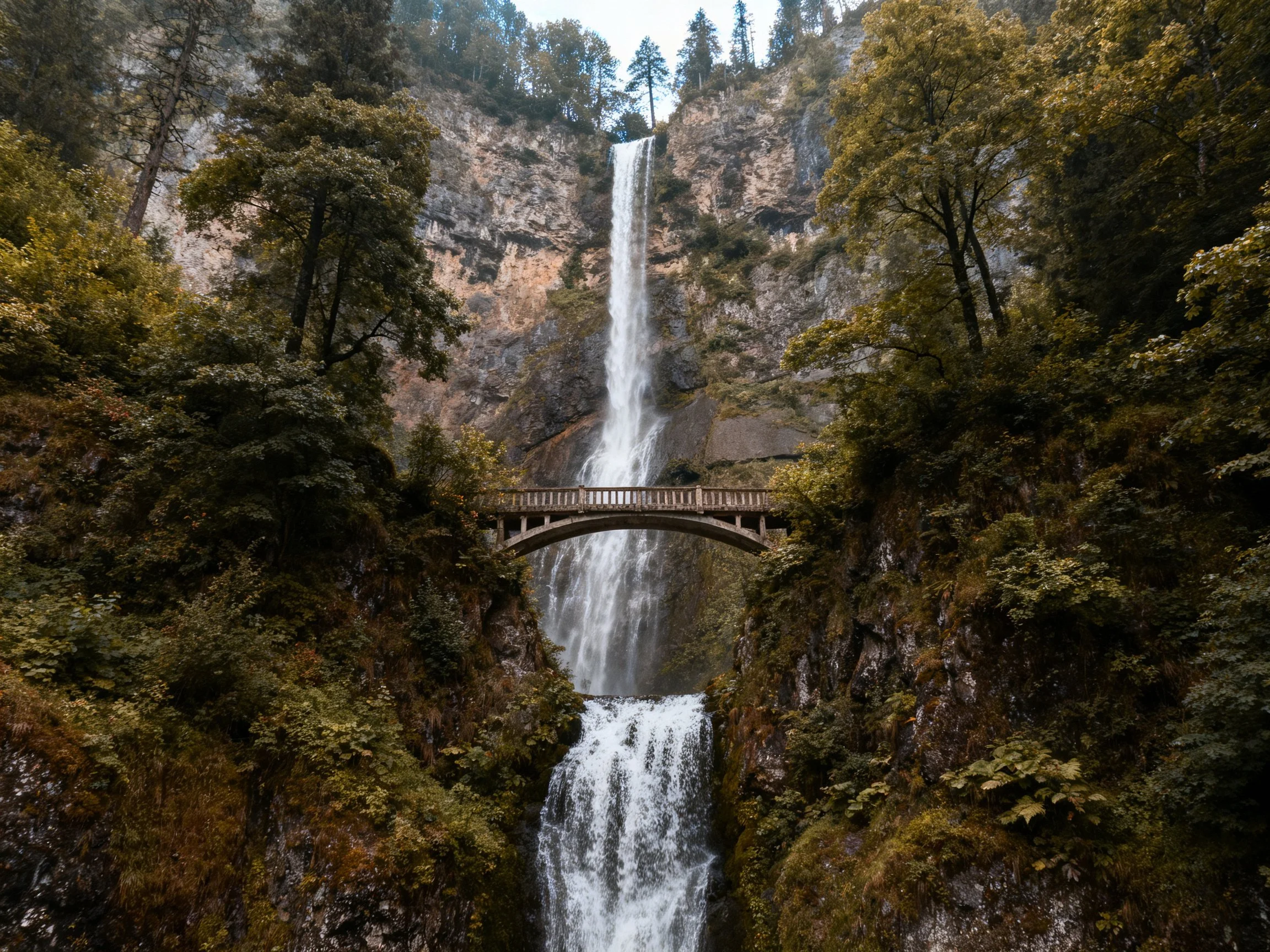 A two-tiered waterfall with a stone bridge in a lush forest