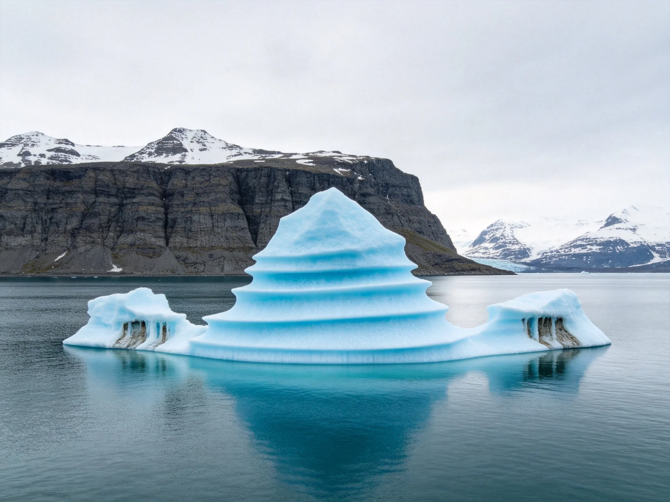A uniquely layered blue iceberg floats near rocky cliffs and snow - capped mountains