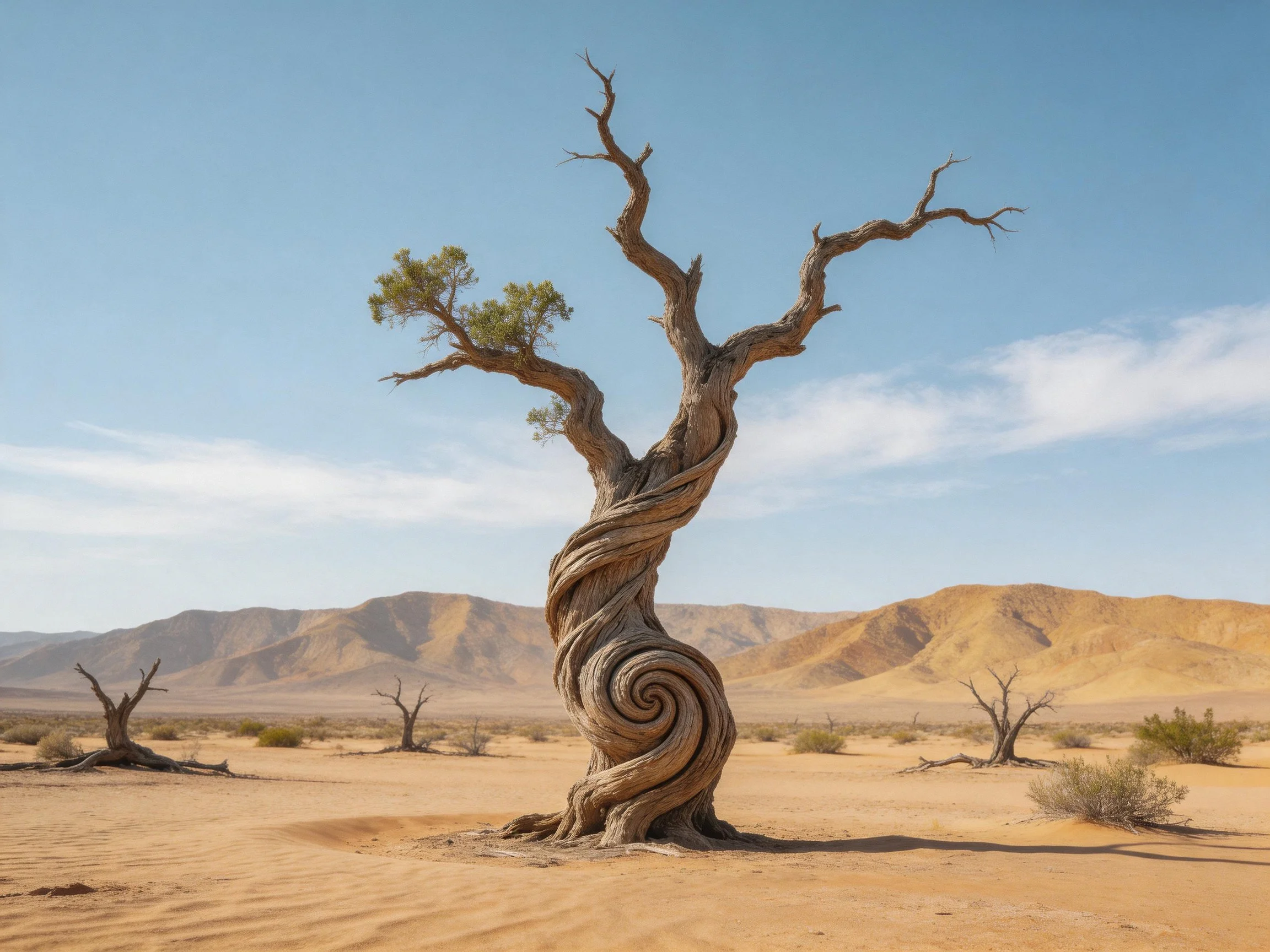 A uniquely twisted tree stands alone in an arid desert landscape