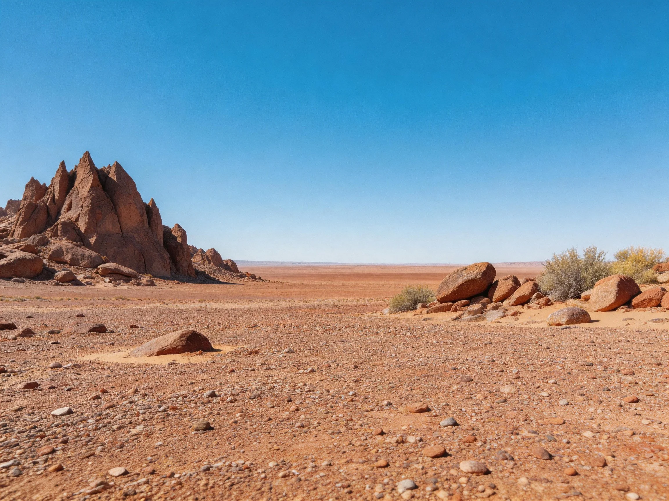 A vast arid desert landscape with reddish rocks and clear blue sky